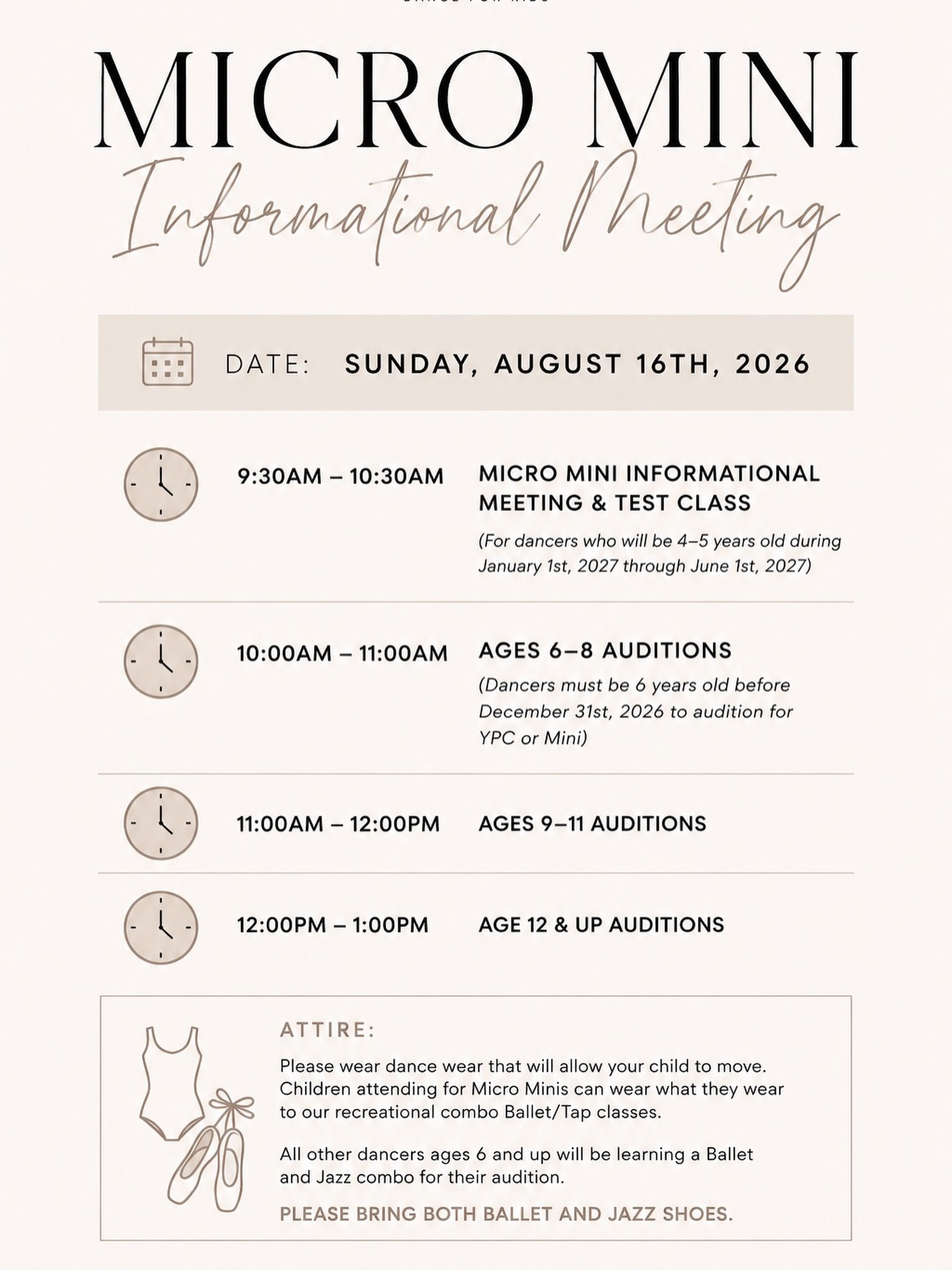 The new season is right around the corner and we are so excited for everyone who will be joining us this year! Our dance auditions are coming up next month and we have a lot of details to share. If your child is ready to begin their dance journey and you have been looking for a team, this is your sign! Our extraordinary team will give your child an opportunity to shine and join us on the stage. Every year, we welcome new dancers into our family to be a part of an award winning team.
We are looking for dancers who are ready to commit and want to take their journey to the next level. Whether you are a seasoned dancer or a new dancer, we want YOU to be a part of our team!