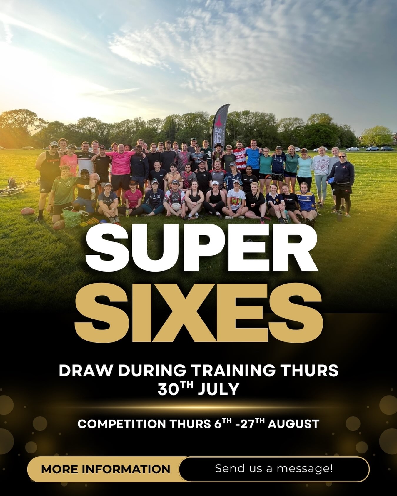 🥳 SUPER SIXES 🥳
Our much awaited intra-club tournament is back - but this time a little earlier than normal. Everyone and anyone is welcome to join one of our 4 teams for some fun touch in the late summer sun to finish the season on a high. Send us a message if you’re interested!
#JetPack ✈️