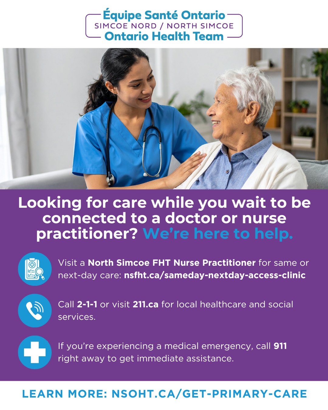 Don’t have a family doctor or nurse practitioner yet?
You can still access care in North Simcoe while waiting to be connected through Health Care Connect:
👩⚕️ Visit a North Simcoe Family Health Team Nurse Practitioner for same-day or next-day appointments: www.nsfht.ca/sameday-nextday-access-clinic
☎️ Call 2-1-1 or visit 211.ca for local healthcare and social services
🚨 For emergencies, call 911
Learn more about care options ➡️ www.nsoht.ca/where-to-go-if-you-feel-unwell
Get connected to primary care today: www.nsoht.ca/get-primary-care
#NorthSimcoeOHT #HealthCareConnect #CommunityCare