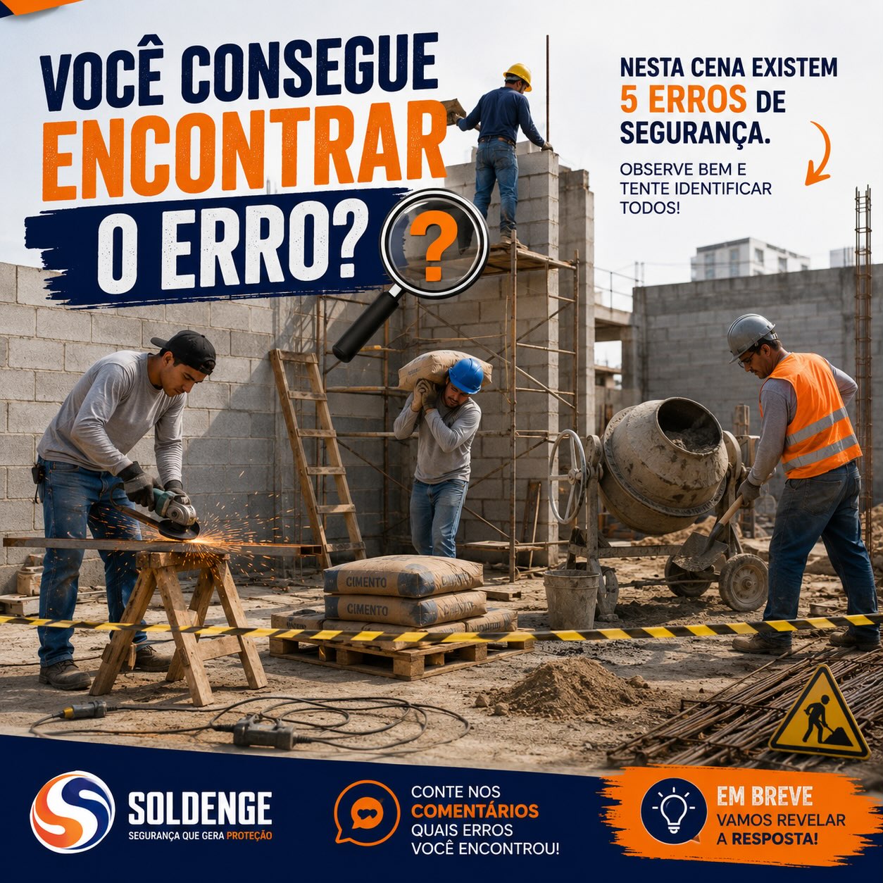🔎 Você consegue encontrar os 5 erros?
🚧 Sextou com um desafio para quem leva segurança a sério!
Nesta cena existem 5 erros de segurança do trabalho escondidos. Será que você consegue identificar todos?
👀 Observe cada detalhe antes de responder. Às vezes, um pequeno descuido é suficiente para causar um grande acidente.
💬 Escreva nos comentários quais erros você encontrou. Depois vamos revelar a resposta e explicar por que cada um deles representa um risco.
Na Soldenge, acreditamos que segurança também se aprende observando, analisando e prevenindo.
👉 Marque aquele colega que sempre encontra tudo de primeira e desafie ele também!
#Soldenge #SegurançaDoTrabalho #EPIs