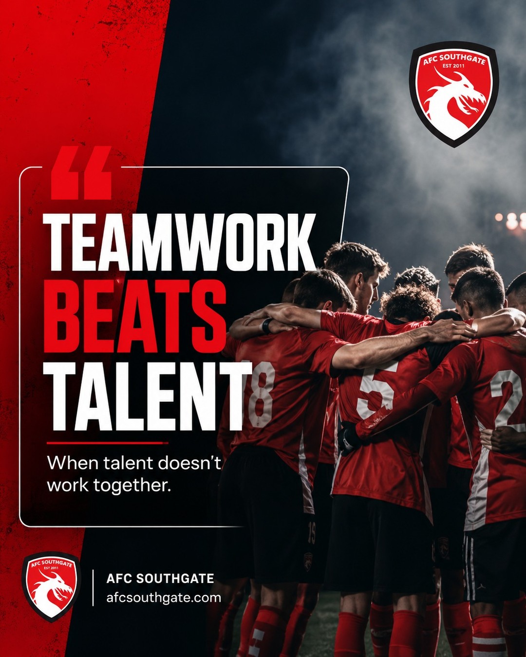 TEAMWORK BEATS TALENT ⚽
Especially when talent forgets to pass.
At AFC Southgate, we love confident players — but we love team players even more.
Football is better when players work together, encourage each other and understand that the badge on the front matters.
#AFCSouthgate #Teamwork #YouthFootball #GrassrootsFootball #FootballDevelopment #ClubValues