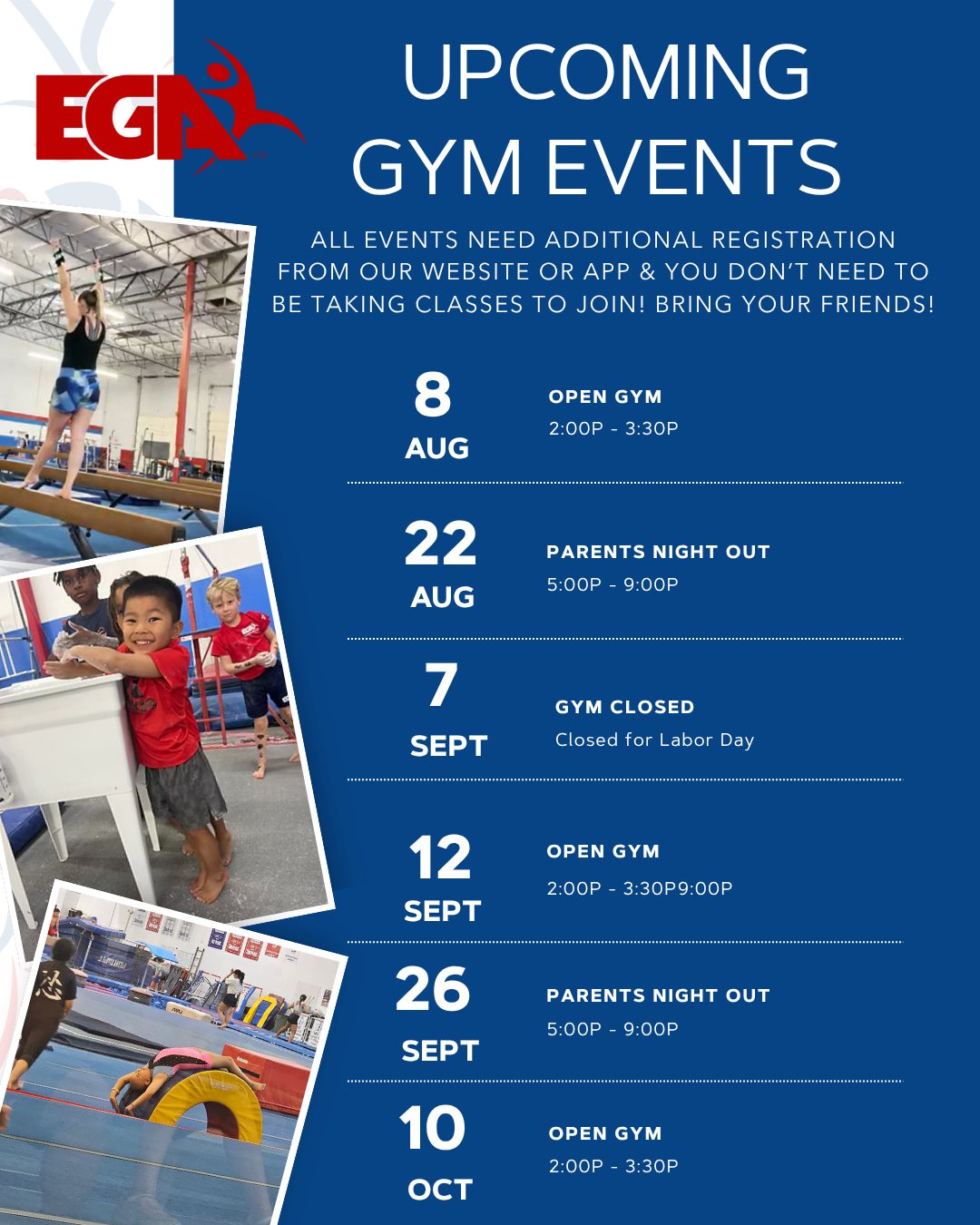 August is HERE and we have some exciting events happening this month that are open to everyone, gym members and the public alike!
Open Gym is exactly what it sounds like: the gym is yours. No structure, no agenda, just pure fun. Our coaches are on the floor throughout for safety, but the rest is up to you. Come practice a skill you have been working on, try something totally new, or just bounce around and remind yourself why moving feels so good. Kids, teens, and adults are all welcome and every single person who comes out leaves with a smile on their face.
Parents Night Out is another crowd favorite, giving the kids a fun-filled evening in the gym while the parents enjoy a well-earned break.
Whether you have never stepped foot in EGA before or you are a longtime member of our family, these events are the perfect way to come play, connect, and have fun. All ages and all skill levels welcome.
Grab your spot through the EGA app or the link in our bio!
#elevategymnasticsacademy #elkgrovegymnastics #elkgrovefamilies