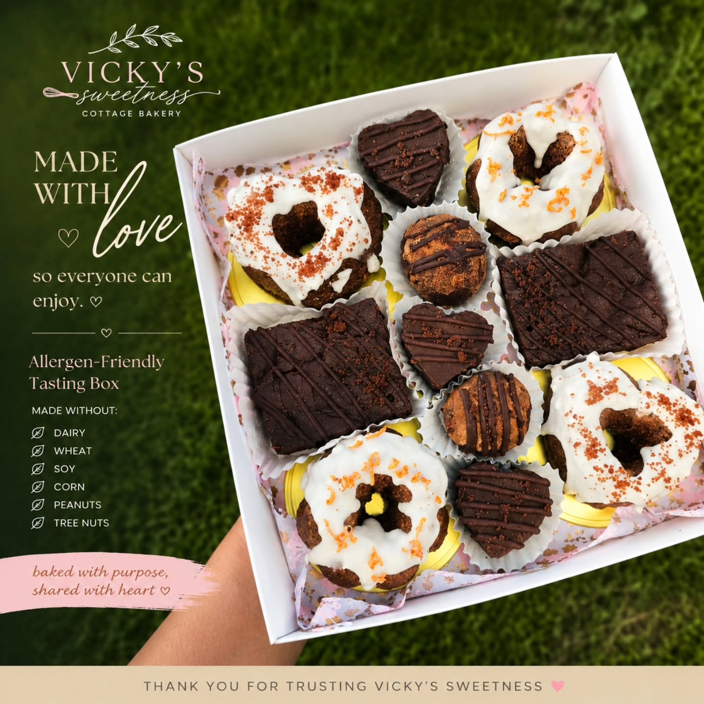 There is something incredibly rewarding about creating desserts that everyone can enjoy.
This tasting box was created for a very special little girl with multiple food allergies, reminding me that baking is about so much more than making something beautiful—it's about making people feel included.
Every recipe in this box was carefully developed to be made without dairy, wheat, soy, corn, peanuts, or tree nuts, without compromising flavor or presentation.
Inside you'll find:
🤍 Carrot Cake
🤍 Red Velvet
🤍 Fudgy Brownies
🤍 Brownie Truffles
Seeing this box come together reminded me why I love what I do. Every challenge in the kitchen is an opportunity to learn, grow, and create something meaningful.
Because everyone deserves a seat at the dessert table.
Thank you for trusting Vicky's Sweetness with such an important tasting. I can't wait to hear what everyone thinks!
#VickysSweetness #AllergenFriendly#AllergyFriendlyBaking #GlutenFriendly #CustomDesserts BridalShower WeddingDesserts DessertTasting HomeBakery CottageBakery TampaBaker FloridaBaker MadeWithLove SmallBusiness InclusiveBaking