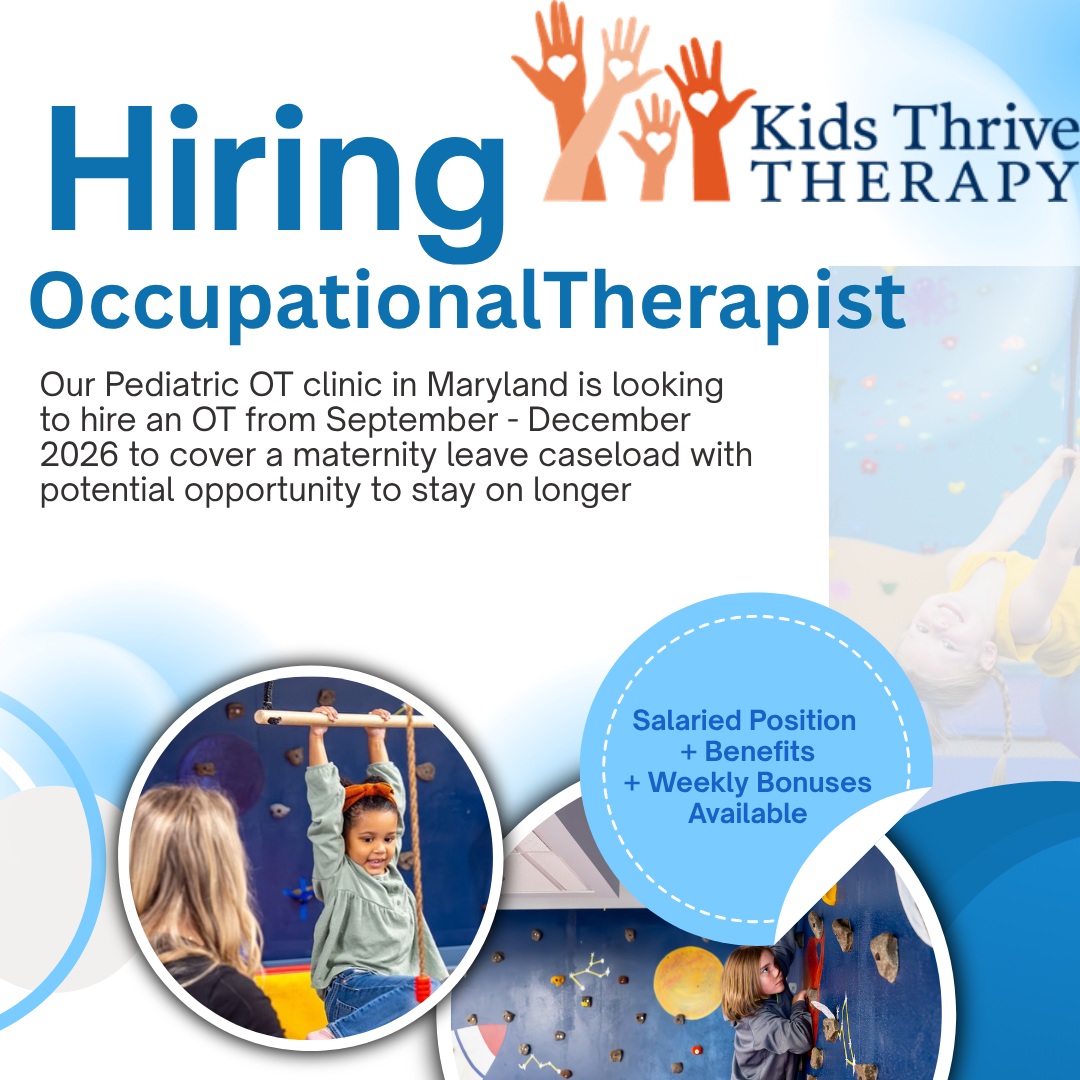 We are looking for an OT to join our team to help cover an established caseload as we have 2 therapists going out on maternity leave.
Our clinic has been open since 2019 and includes a collaborative group of amazing OT's! We pride ourselves in providing excellent and comprehensive care to our clients and families.
This position is salaried with guaranteed pay for scheduled hours and designated time for documentation. Weekly bonus opportunities are available!
Visit our website to see what we are about!
www.kthriveot.com
Interested candidates should send their resume to Katy Burger at kburger@kthriveot.com