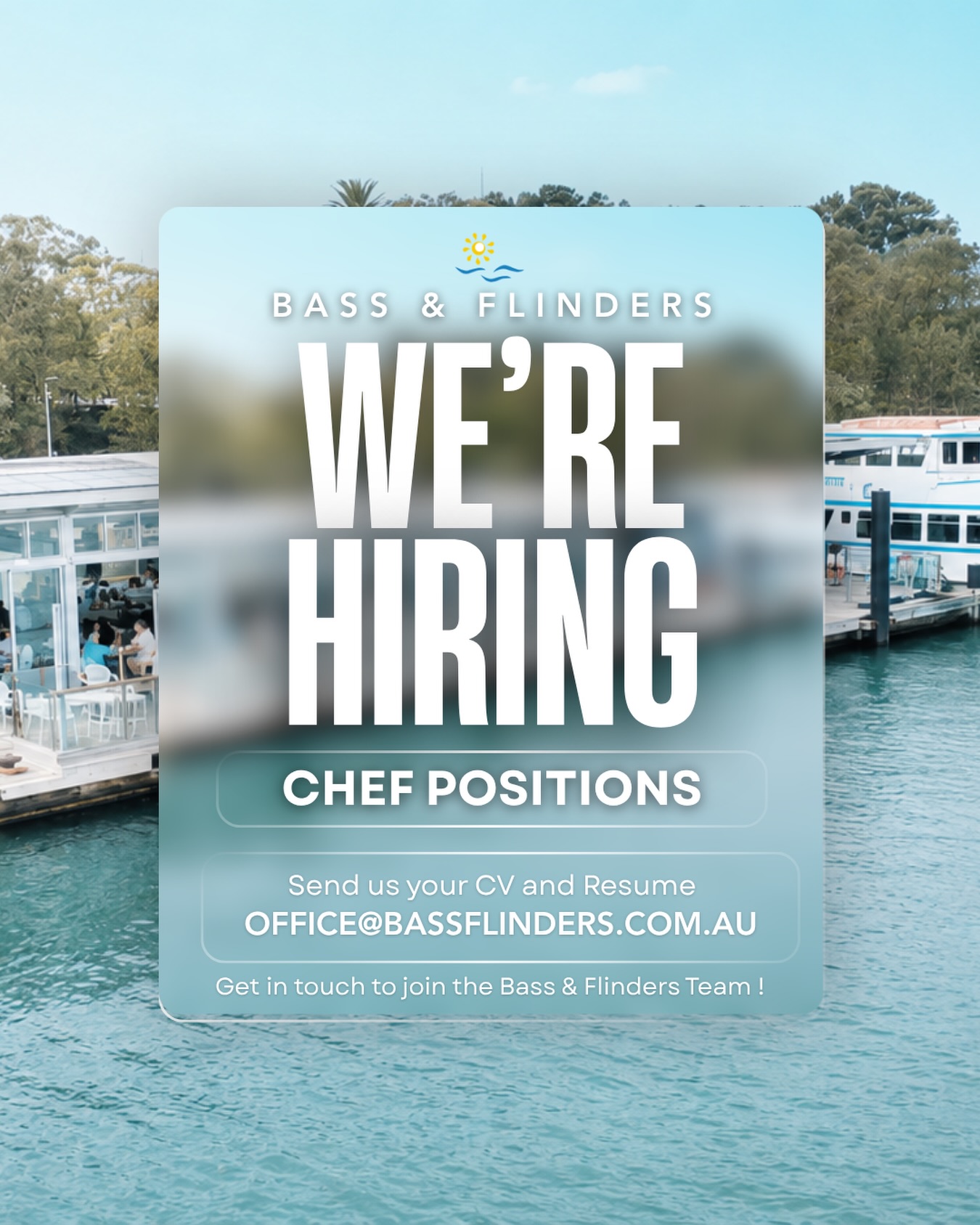 We’re hiring Chefs! Join the Bass & Flinders team 🤍
We’re looking for passionate, reliable chefs who love creating great food in a beautiful waterfront setting. If you’re ready to be part of a friendly team and work in a fast-paced kitchen, we’d love to hear from you.
Why join us?
⚓️ Beautiful unique waterfront location
⚓️ Friendly and supportive team
⚓️ Work across our Pavilion, Private Functions & Cruises along the Georges River
If this sounds like you, send your resume office@bassflinders.com.au or get in touch via DM.
Tag someone who’d be perfect for this role! 👇