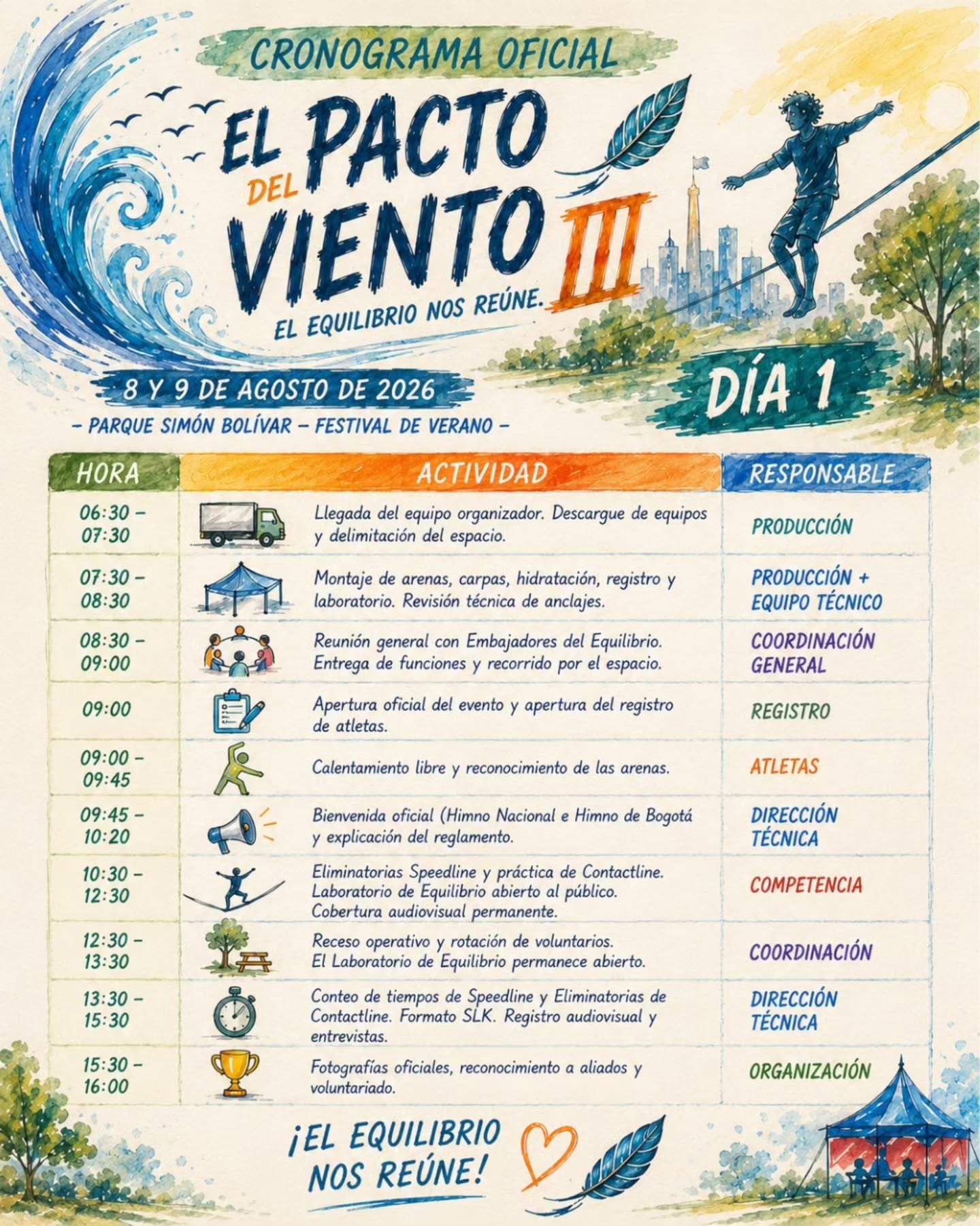 No olvides seguir nuestra cuenta @escuelaslackbogota
Nuestro cronograma de actividades ya está disponible. Inscríbete, asiste y participa.
El Pacto del Viento está por manifestarse.
#Slackline #viveelequilibrio #vivelamagiadelequilibrio #festivaldeverano2026