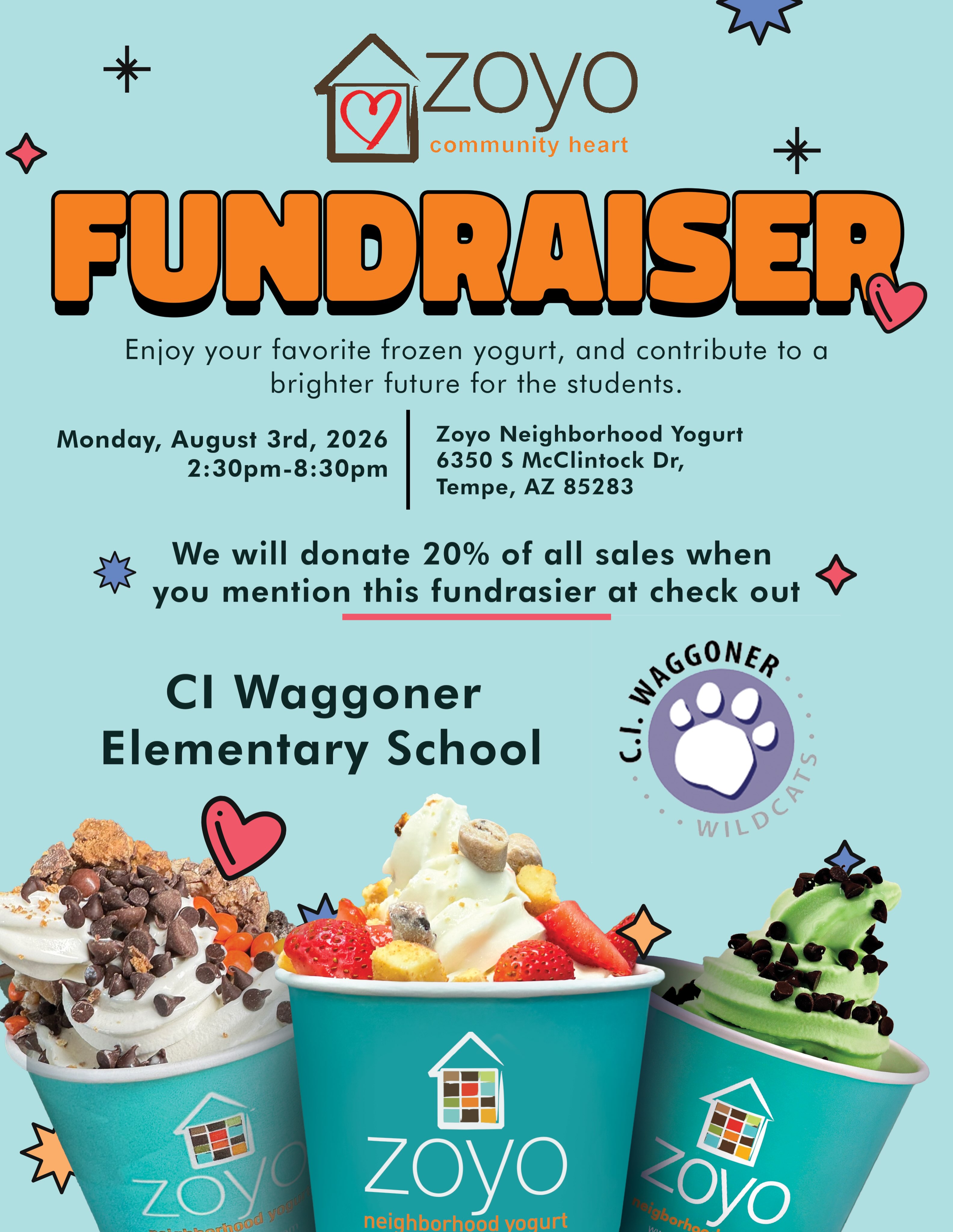 Something sweet to look forward to next week! Grab some froyo to celebrate back to school and support Waggoner PTO
Make sure you mention the fundraiser so a portion of the sale goes back to our school :)