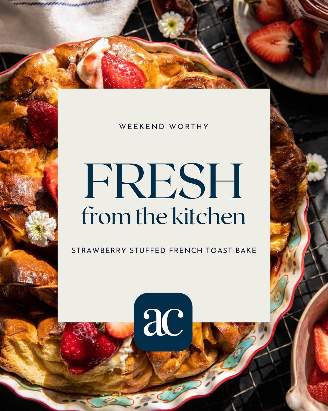 Strawberry Stuffed French Toast Bake 🍓
Strawberries are at their peak right now, and this recipe is the perfect way to put them to use. Croissants stuffed with cream cheese and strawberry jam, soaked in a vanilla egg mixture, baked golden, and finished with a brown sugar maple glaze and fresh strawberry whipped cream.
Weekend brunch just got a serious upgrade.
Strawberry Stuffed French Toast Bake
Ingredients
4 large eggs
1 cup whole milk
1-2 tsp vanilla extract
½ tsp kosher salt
6 croissants, sliced
8 oz whipped cream cheese, room temperature
⅓ cup strawberry jam
3 tbsp melted salted butter
2 tbsp brown sugar
2 tbsp real maple syrup
1 cup fresh strawberries, sliced
Strawberry whipped cream for serving
Instructions:
Preheat oven to 375°F. Grease a 9x13 pan. Whisk eggs, milk, and vanilla. Mix cream cheese and strawberry jam and spoon onto bottom half of croissants. Replace tops and cut each into 4 pieces. Arrange in pan and pour egg mixture evenly over all. Bake 25 minutes until golden. Mix melted butter, brown sugar, and maple syrup and spoon over croissants. Bake another 10 minutes until caramelized. Top with strawberry whipped cream and fresh sliced strawberries.
YUM. 🍓
#recipe #brunchrecipe #strawberryseason #weekendbrunch #auburnalabama