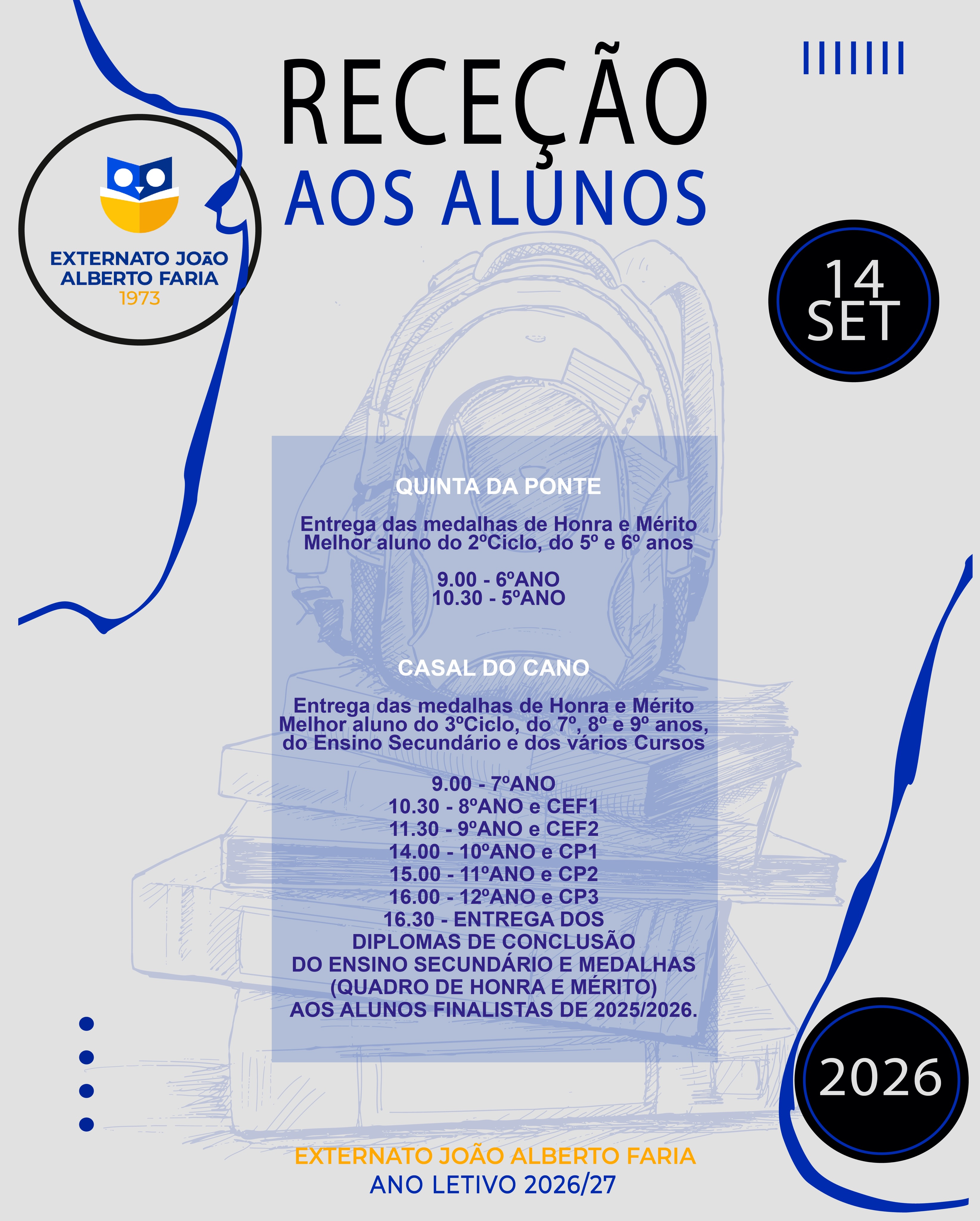 📅 Tudo preparado para vos receber!
Agora podes, oficialmente, consultar o programa de Receção aos Alunos do novo ano letivo.
Será um dia de reencontros, novas amizades, descobertas e o início de mais um capítulo repleto de aprendizagens, desafios e oportunidades.
👉 Consulta o programa, confirma os horários e prepara-te para dar o primeiro passo rumo a um ano letivo cheio de sucesso.
Estamos ansiosos por vos receber de volta ao EJAF! 💙
#EJAF #OlhosPostosNoFuturo