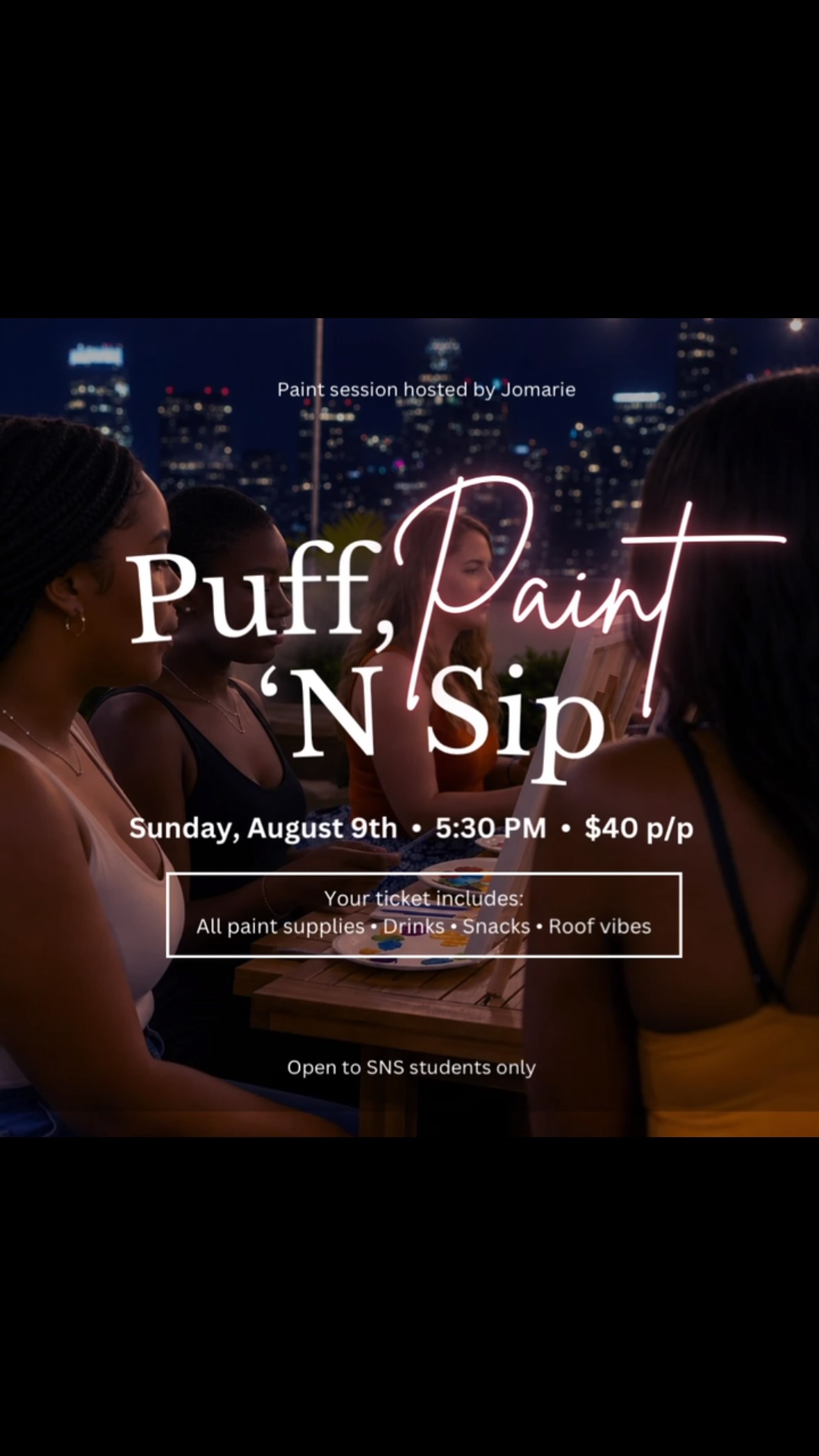 🌿🎨 Our 2nd Annual Puff, Paint ’N Sip is BACK! 🎨💨
If you’ve been wanting to get to know other SNS students outside of pole class, this is the perfect opportunity. Come relax, paint, laugh, and enjoy an evening of good vibes on the rooftop with your SNS family.
🗓 Sunday, August 9, 2026
🕠 5:30 PM
💲 $40 Per Person
✨ Your ticket includes:
🎨 All paint supplies
🥤 Drinks
🍿 Snacks
🌇 Rooftop vibes
🎨 Painting session led by Jomarie @jomarielovesyou
🌿 Bring your own smoking supplies (NO cigarettes in the painting area)
💚 Students Only
Must have taken at least 2 classes at Sweet ’N Sultry Studio to attend.
Spots are limited—book yours today! 🔗 in Bio💨🎨✨