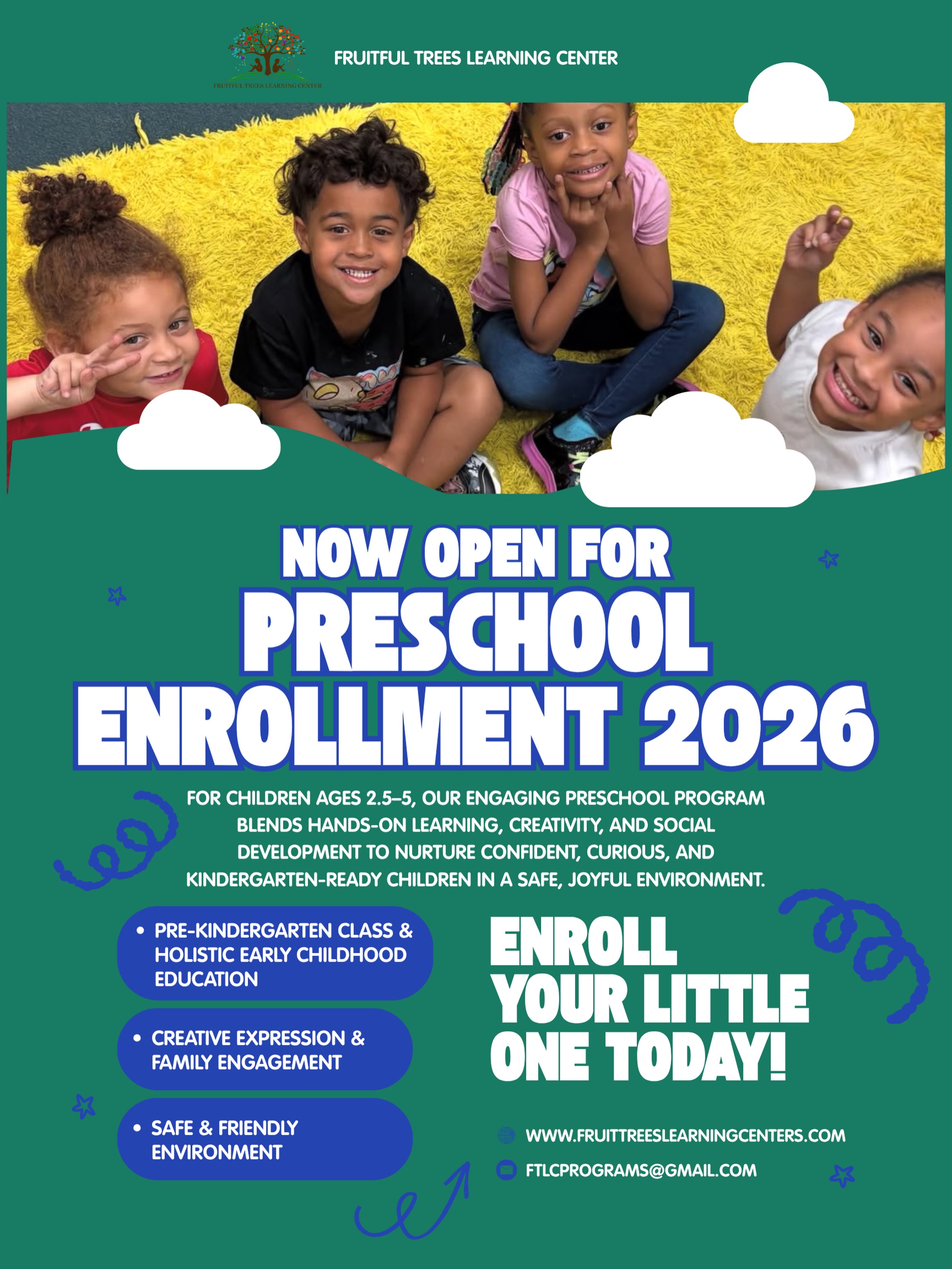 🌳 Preschool Enrollment is Officially Open! 🎉
Every child deserves a place where they feel safe, inspired, and excited to learn. At Fruitful Trees Learning Center, our preschool program is thoughtfully designed for children ages 2.5–5, helping little learners build confidence, creativity, friendships, and the skills they need to thrive in kindergarten and beyond.
✨ Our program includes:
🍎 Pre-Kindergarten & holistic early childhood education
🎨 Hands-on learning and creative expression
🤝 Family engagement
💚 A safe, nurturing, and joyful environment
Now enrolling for the 2026 school year! Give your child the foundation they deserve in a place where learning grows every day.
📍 Learn more: www.fruittreeslearningcenters.com
📧 ftlcprograms@gmail.com
🌱 Limited spots available—enroll your little one today!
#FruitfulTreesLearningCenter #Preschool #NowEnrolling #EarlyChildhoodEducation