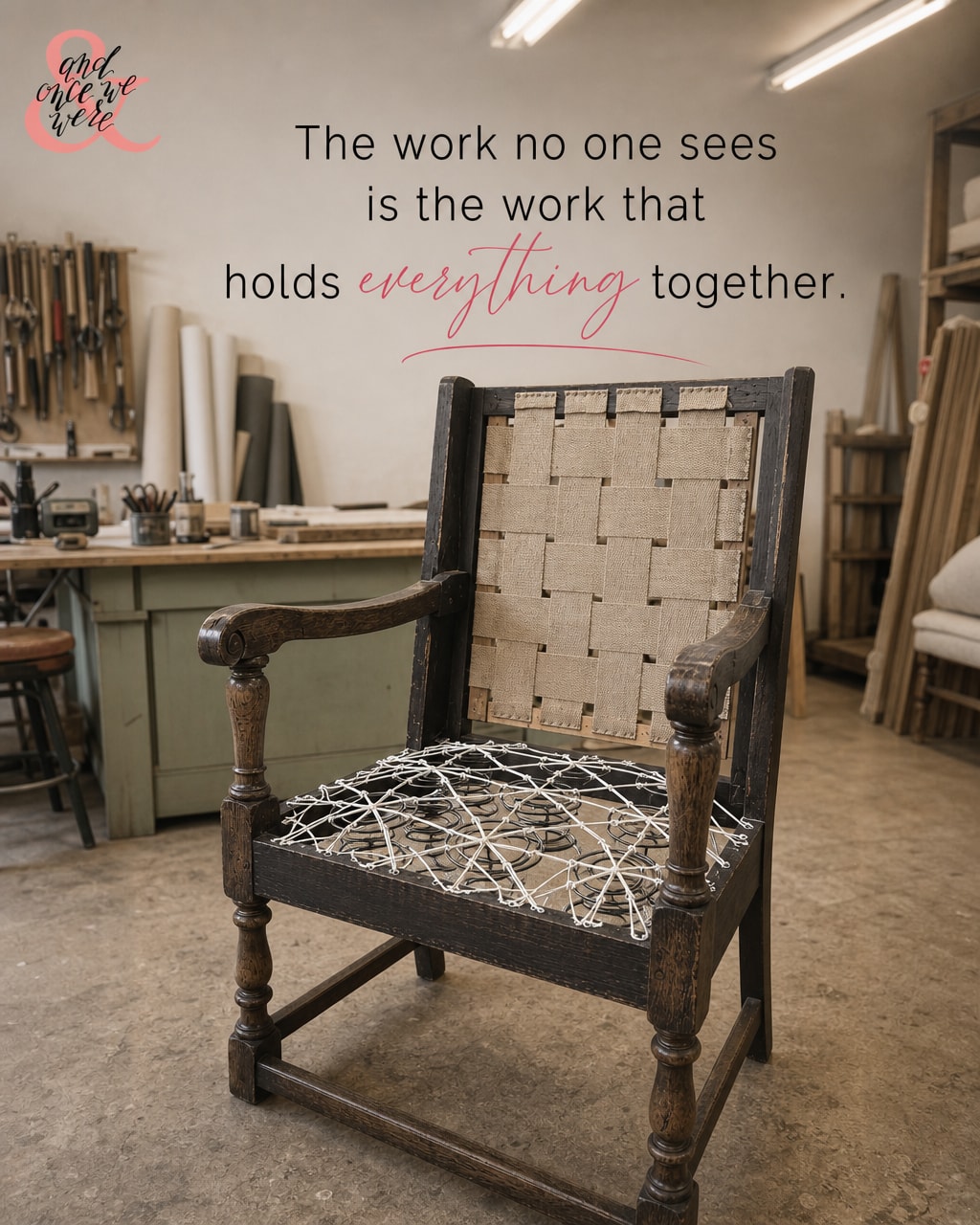 Before any fabric goes on, there's the frame. The springs, retied by hand. The joints, glued and clamped. The webbing, replaced.
You'll never see any of it.
Once the fabric covers it, all this work disappears. The knots. The clamps. The careful figure-eight of twine tying each coil down. Tucked away for years to come.
And it's the part that matters most.
A chair can look lovely and still rest on tired bones. What decides whether it holds up for another few decades is the work underneath. The foundation is where comfort really lives.
So I take my time down here, in the parts you'll never notice. Checking every joint. Retying every spring. Making sure the piece you love has something solid to stand on.
The work no one sees is the work that holds everything together. 🪡
#remadefurnituretoronto #remadefurniturelincoln #andoncewewere #customupholstery #onthebenchupholstery
