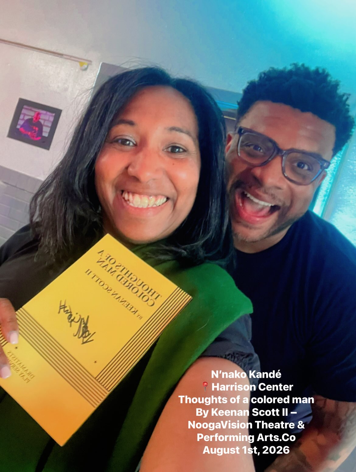 If you are in the Chattanooga are and have yet to go see Thoughts of a colored man please make time to see the performance this evening or tomorrow.
It is such a rich performance and something rare and real! Thank you @noogavision_theatre @keenanthemuse, @krantzsy thank you to the cast, and to the community! There is healing in the arts. As a girl who finds most of us medicine in Nature 😉 I appreciate the sanctuary this play offered through performing arts! I left prouder to be a part of such an amazing village where voices are heard and valued. Go watch the play, each actor is a mirror that will leave you feeling more courageous to be yourself!
P. S: Thank you Fallon Clark for the honor of being a part of the beautiful moment shared between Wisdom & Passion. It’s an honor that @nakivoire is now a part of this lineage – N’nako Kandé
#arttherapy #artislife
