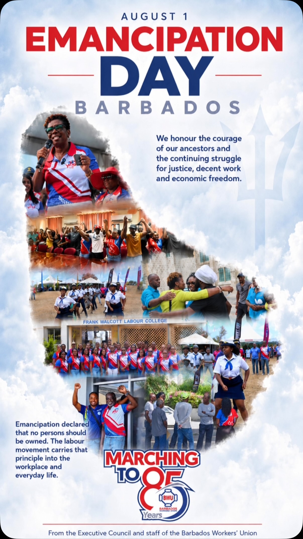 Emancipation declared that no person should be owned, but the journey towards full freedom did not end there.
For workers, that journey continues in the fight for fair wages, safe workplaces, dignity, representation and economic freedom.
On Emancipation Day, the Barbados Workers’ Union honours the courage of our ancestors and recommits to building a Barbados where every worker is respected, protected and heard.
Happy Emancipation Day from the Executive Council and staff of the Barbados Workers’ Union. 🇧🇧
#EmancipationDay #Barbados #BWU #WorkersRights #MarchingTo85