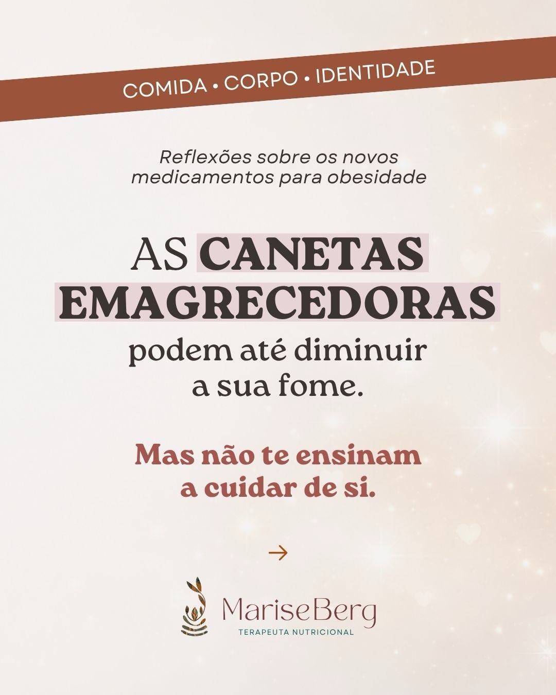 As canetas emagrecedoras podem facilitar o emagrecimento. Mas elas não ensinam a comer melhor, a lidar com o estresse, a reorganizar a rotina ou a construir uma relação mais saudável com o próprio corpo.
É justamente aí que o acompanhamento faz diferença.
Neste carrossel, compartilho uma reflexão que considero essencial antes de iniciar esse tratamento.
📖 No blog, publiquei um artigo completo sobre Ozempic®️, Wegovy®️, Mounjaro®️ e outros medicamentos para o tratamento da obesidade. Nele, explico como eles funcionam, seus benefícios, limitações, efeitos adversos e os cuidados necessários para que o tratamento seja seguro e sustentável.
🌱 Se você já usa uma dessas medicações ou está pensando em iniciar o tratamento, uma avaliação nutricional individualizada pode ajudar a prevenir deficiências nutricionais, preservar a massa muscular, minimizar efeitos digestivos e aumentar as chances de manter os resultados no longo prazo.
🔗 Leia o artigo completo e, se quiser um acompanhamento individualizado, agende sua consulta. O link está na bio.
