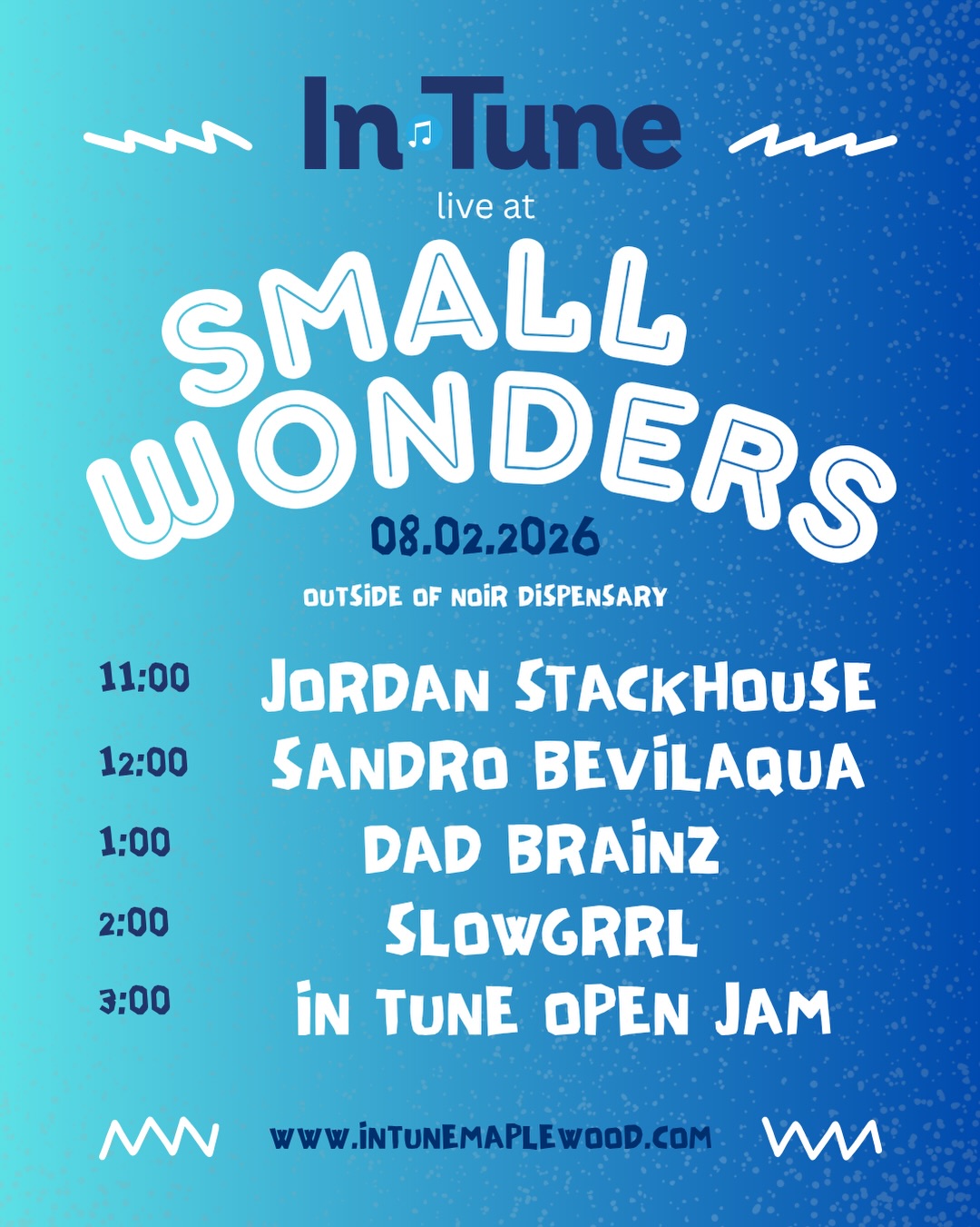 In Tune is so excited to provide music for Small Wonders tomorrow! Join us outside of Noir Dispensary for an awesome day of music 🎶
#intunemaplewood #maplewoodvillagenj #southorangevillage #livemusic #musicschool
Jordan Stackhouse is a multi-instrumentalist & composer based in Jersey City. He released his debut EP as a songwriter, In Tons, in 2025. Besides playing with his own band, Jordan performs actively with several other artists and bands based in New York City. (Nancy Whitaker, florid, Sandro Bevilaqua, Stefani Bondari).
Sandro Bevilaqua is a NYC/NJ-based composer/songwriter who blends indie-folk acoustic textures with ambient atmospheres and art-rock sensibilities. His music has been featured in Rolling Stone Mexico, and he recently saw one of his singles top the Groover Charts for breakout artists both in the U.S. and abroad. He has so far released four singles off his new record, New England, From Memory (to be released this Fall) - with Jeff Thomas at Fifteen Minutes of Fame calling the music “a must listen” and “an immersive experience on both physical and spiritual planes.” His music is available on all streaming platforms.
In 2022, a few NJ Dads discovered that they all played instruments and lived within walking distance of each other. They started gathering in one of their garages to share their musical feelings, feelings which turned into songs, songs which turned into a recording. They’re only doing this ‘cause they need reasons to get out of the house when their wives & children let them.
Slowgrrl is the creation of singer-songwriter Violet Newman. Born and raised in Brooklyn, New York, the band has been playing the DIY scene since high school. You can find Slowgrrl available on all streaming platforms.
Join us for the In Tune Open Jam! Bring your instrument and hop on stage with us 🤘