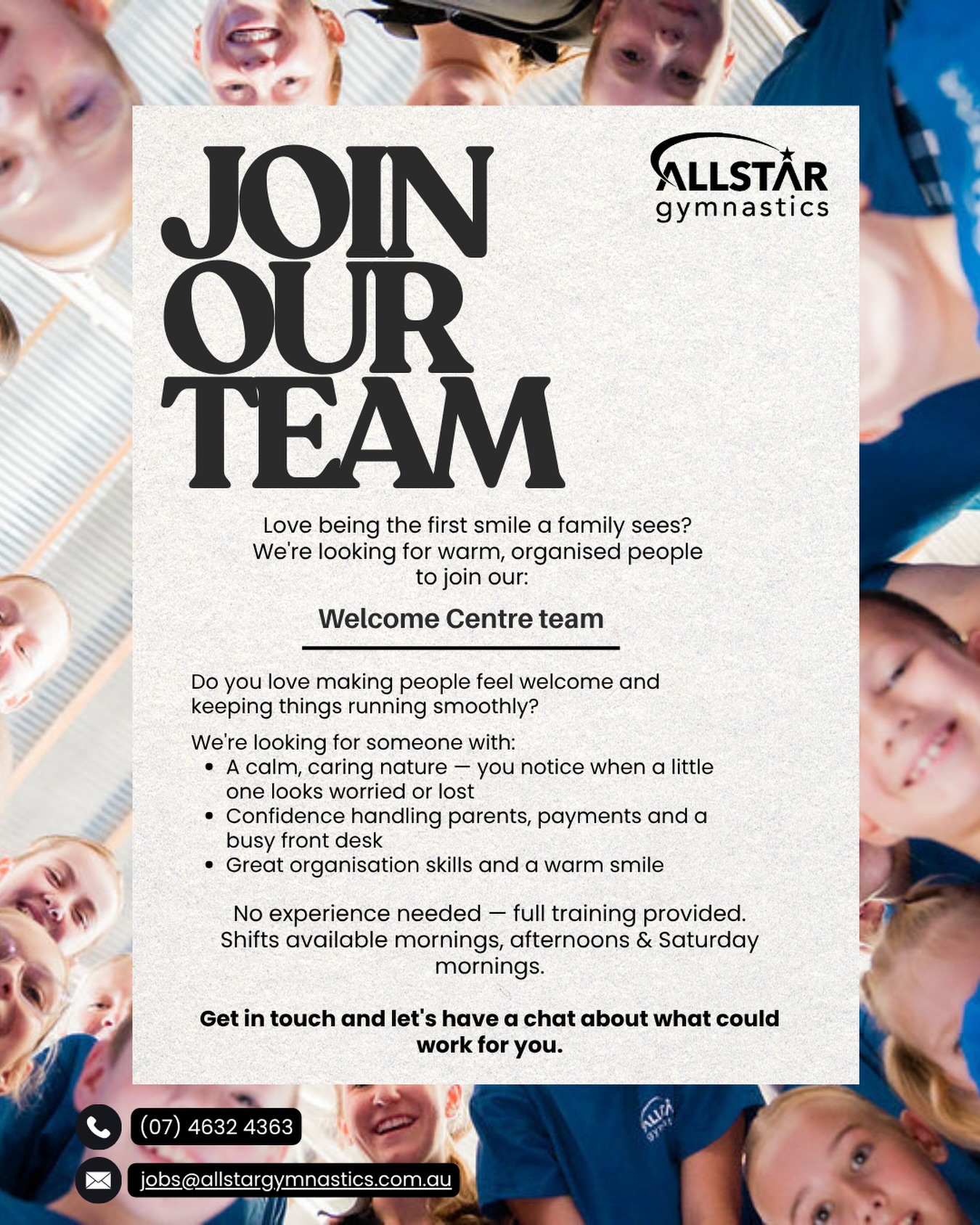 Join our Welcome Centre team! 🌟 No experience needed — full training provided. Get in touch to chat what could work for you 💌
#Toowoomba #NowHiring #allstargymnastics
