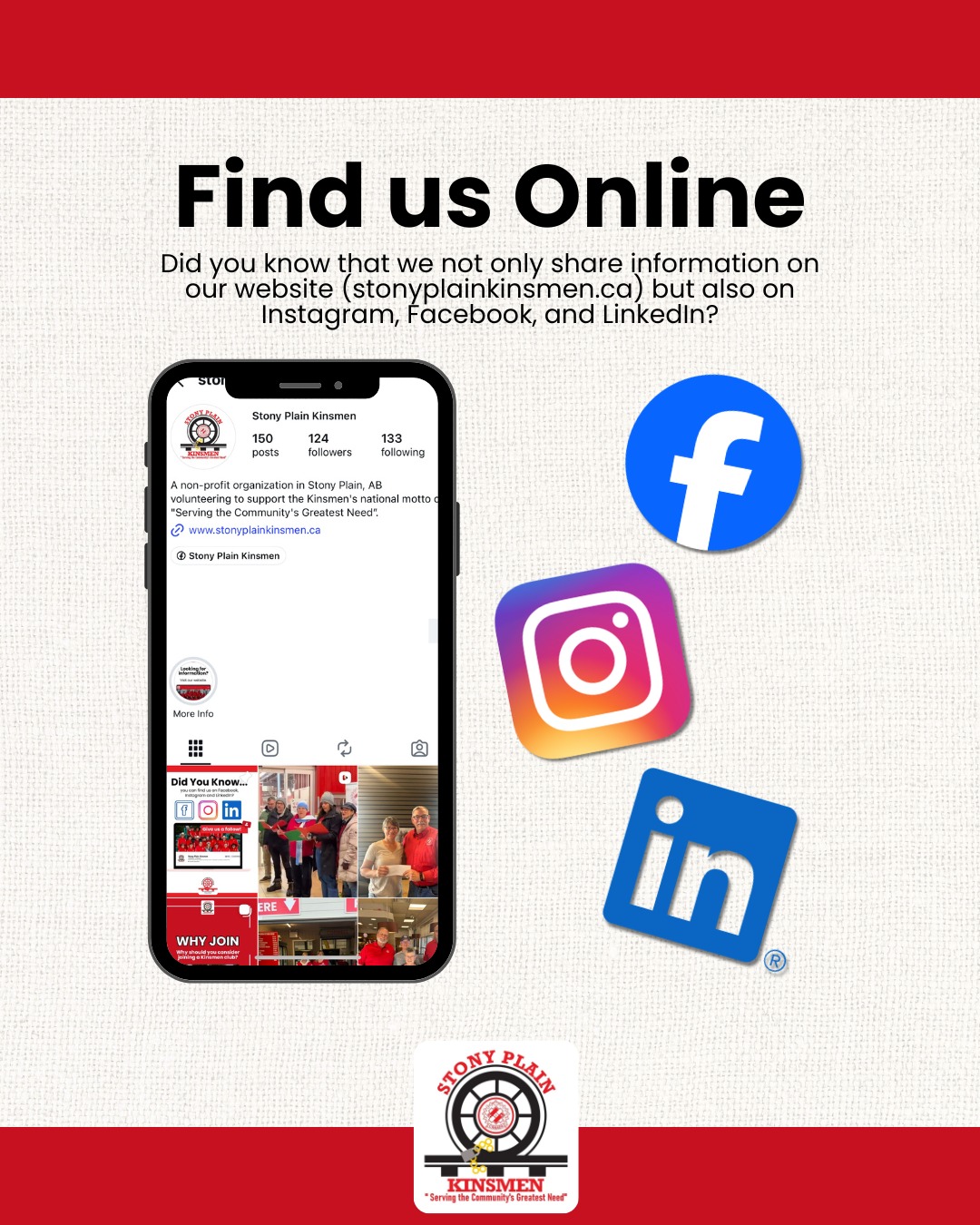 Did you know that we not only share information on our website (stonyplainkinsmen.ca) but also on Instagram, Facebook, and LinkedIn?
If you're on those platforms and haven't given us a follow yet... please head there and do that now! It's the best way to stay updated on what we're up to and how you can support your community.
👉 Find us @stonyplain.kinsmen