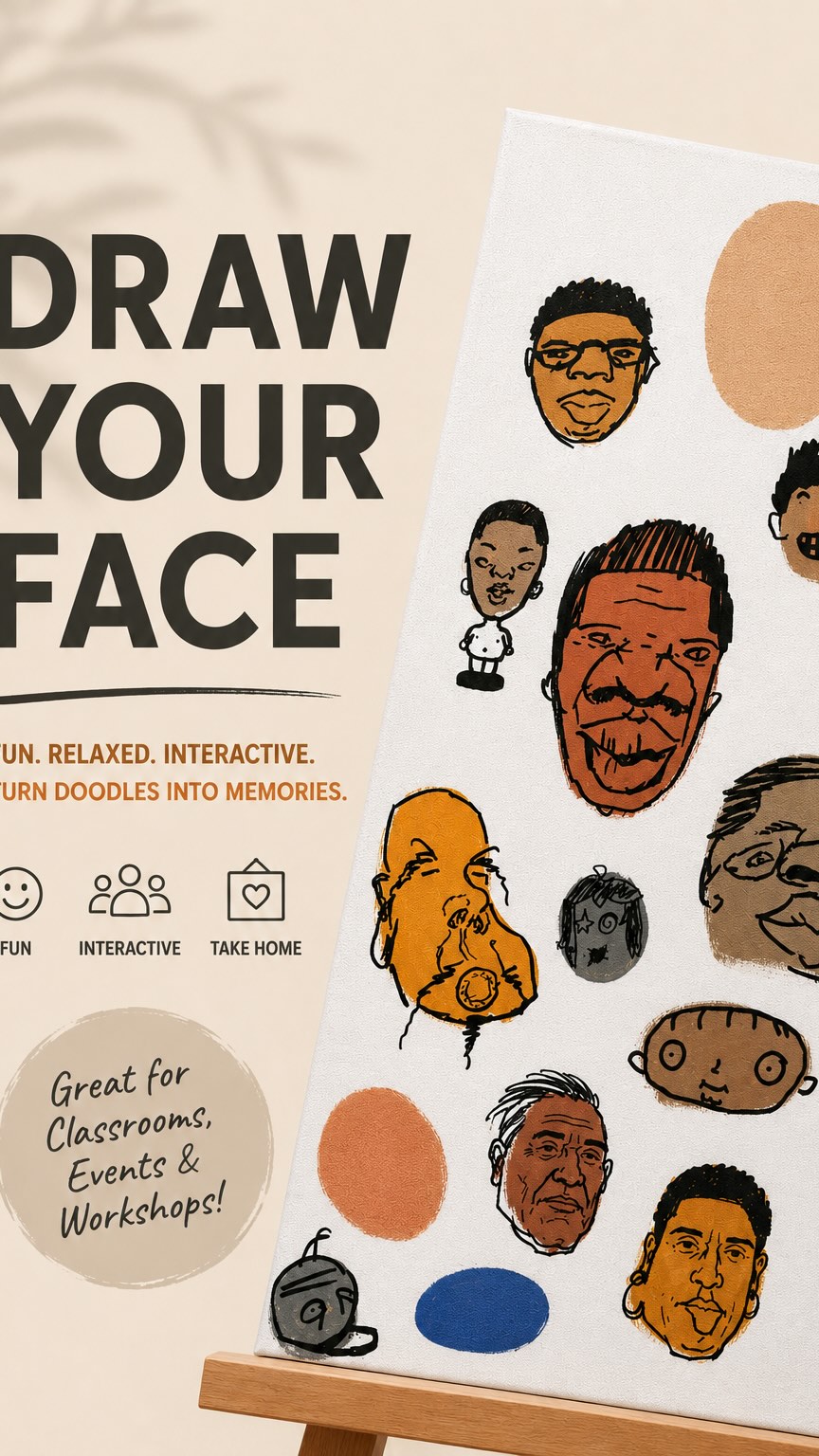 Draw a random face, or your friend, maybe yourself…
Leave your mark on the canvas.
A simple art activity that gets everyone laughing, creating, and connecting. No experience needed, just grab a marker and join in!
Perfect for schools, workshops, parties & team-building events. You should try and have fun with your kids and friends!
#funactivities #artactivity #eventactivities #drawface #canartstudio