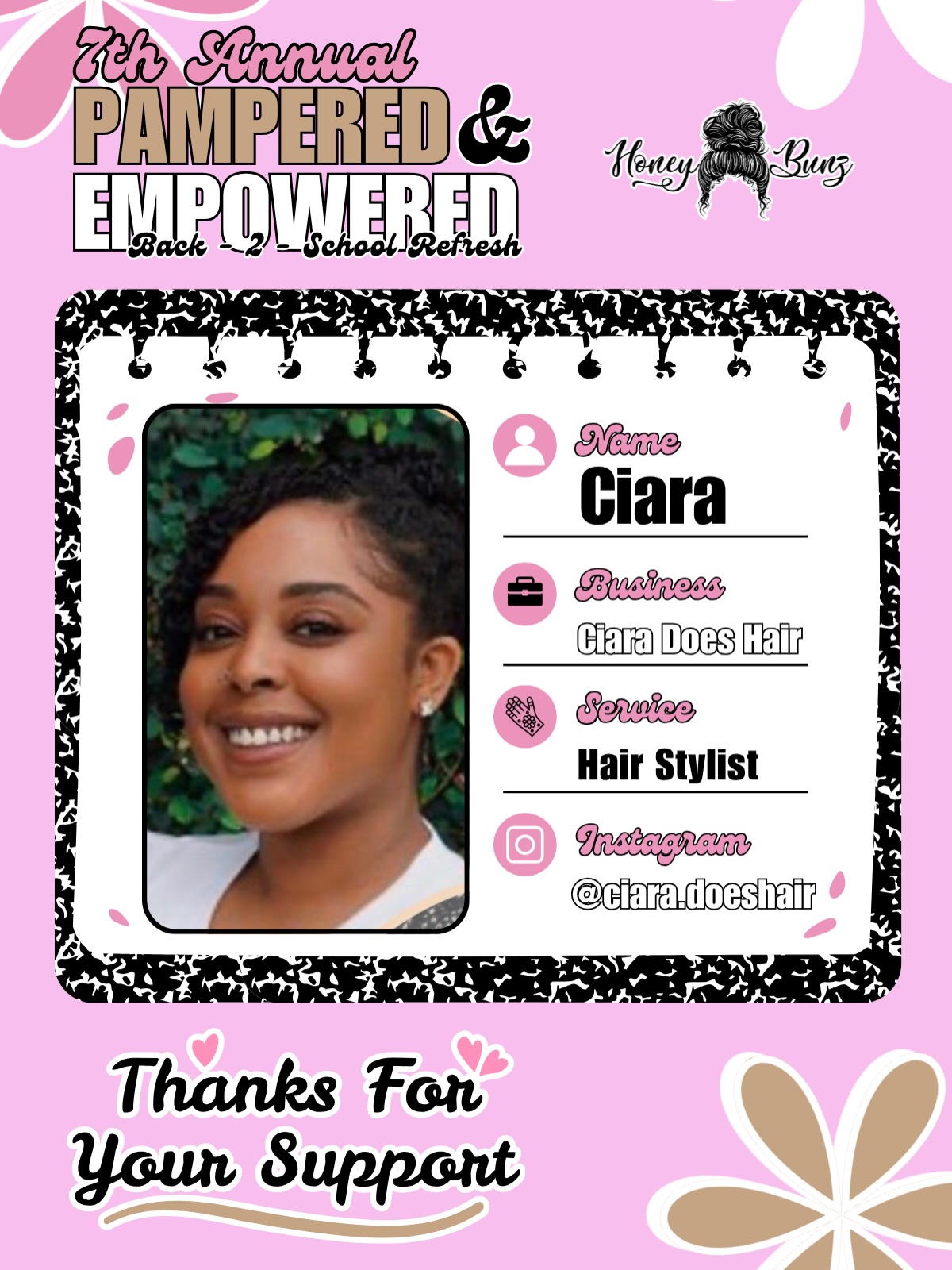 Fresh styles and confidence are on the way! ✨
Thank you, Ciara of Ciara Does Hair for sharing your time and talent with our girls at Pampered & Empowered.
Welcome back girlie!! 🩷🤎
⚠️Photos are for promotional purposes only. Select services and styles will be available at the event.
Follow & book with our girl!
@ciara.doeshair