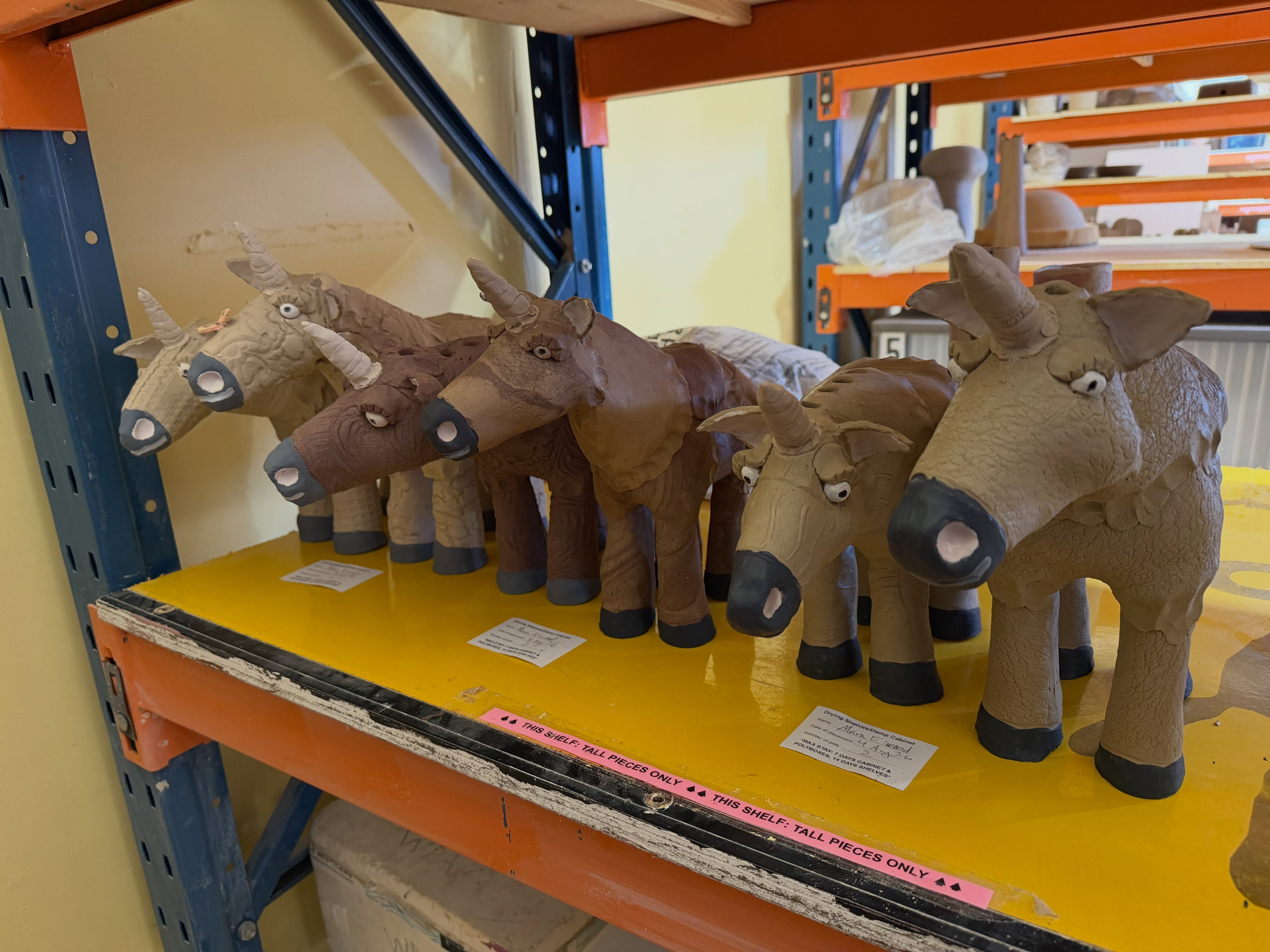 Under glazing done, these are drying and waiting for the bisque kiln booked for a couple of weeks from now. #ceramicunicorns #lookingforunicorndays