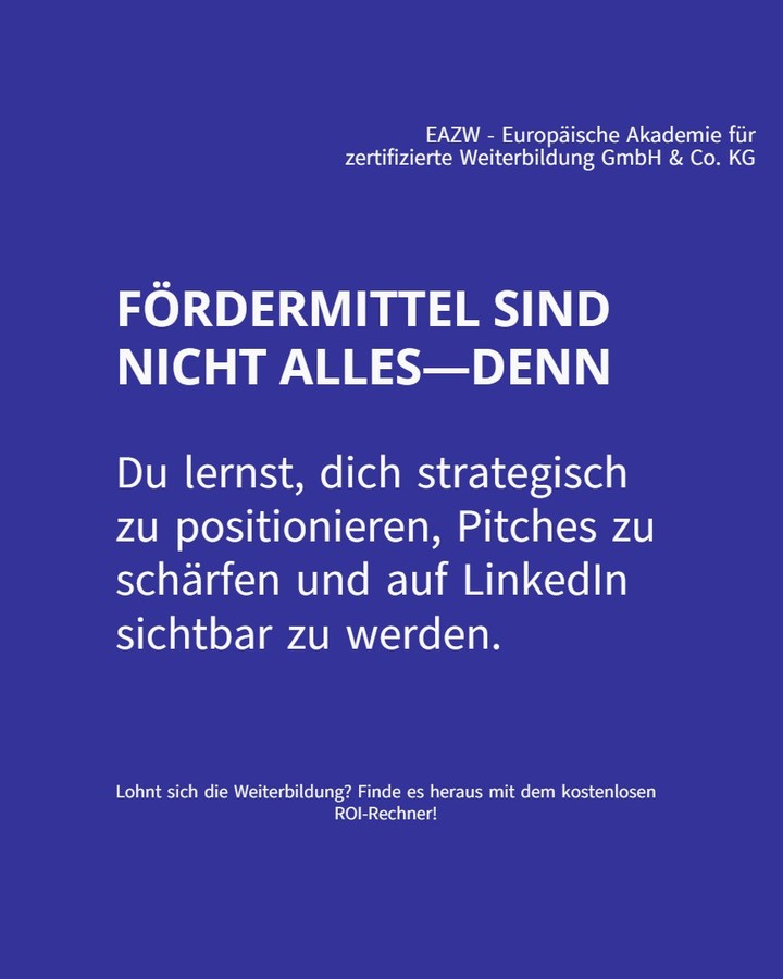 „Fördermittel sichern“ klingt nach genug. Ist es aber nicht, wenn du am Entscheidertisch sitzen möchtest!
In unseren hochschulzertifizierten Weiterbildungen zu internen oder externen Fördermittel-Experten dreht sich alles um mehr als nur "trockene Anträge" auf Zuruf. Wir trainieren intensiv Erwartungsmanagement, damit du als vertrauenswürdiger Gestalter*in auftrittst – nicht als reaktiver Abwickler*in. Das bedeutet: Du gestaltest aktiv die Wahrnehmung deiner Arbeit und baust langfristiges Vertrauen bei deinen Stakeholdern auf.
Dazu üben wir konkret, Schritt für Schritt:
- Positionierung: Wissensmanagement als strategische PR-Plattform nutzen, um deine Expertise sichtbar zu machen
- Elevator Pitches: ein 4-Phasen-Plan speziell für Entscheidungsträger, der überzeugt und fesselt
- Social Selling: Drei-Säulen-Content für LinkedIn, der Reichweite und Relevanz kombiniert
- Kommunikation: z.B. das „JA… UND…“-Prinzip bei Ad-hoc-Anfragen, um souverän zu reagieren
Du wirst den Unterschied sofort merken: Plötzlich fragen Stakeholder weniger „Was bringt das?“ und viel öfter „Wie machen wir es richtig?“. Das verändert nicht nur deinen Alltag, sondern auch deine Karriereperspektiven.
Lohnt sich die Weiterbildung? Finde es heraus – ganz einfach und unverbindlich mit unserem kostenlosen ROI-Rechner auf unserer Website!
EAZW - Wissen, das wirkt 🚀
#Fördermittel #Weiterbildung #LinkedIn #Positionierung #PersonalBrand #Karriere #Erfolg #Netzwerken