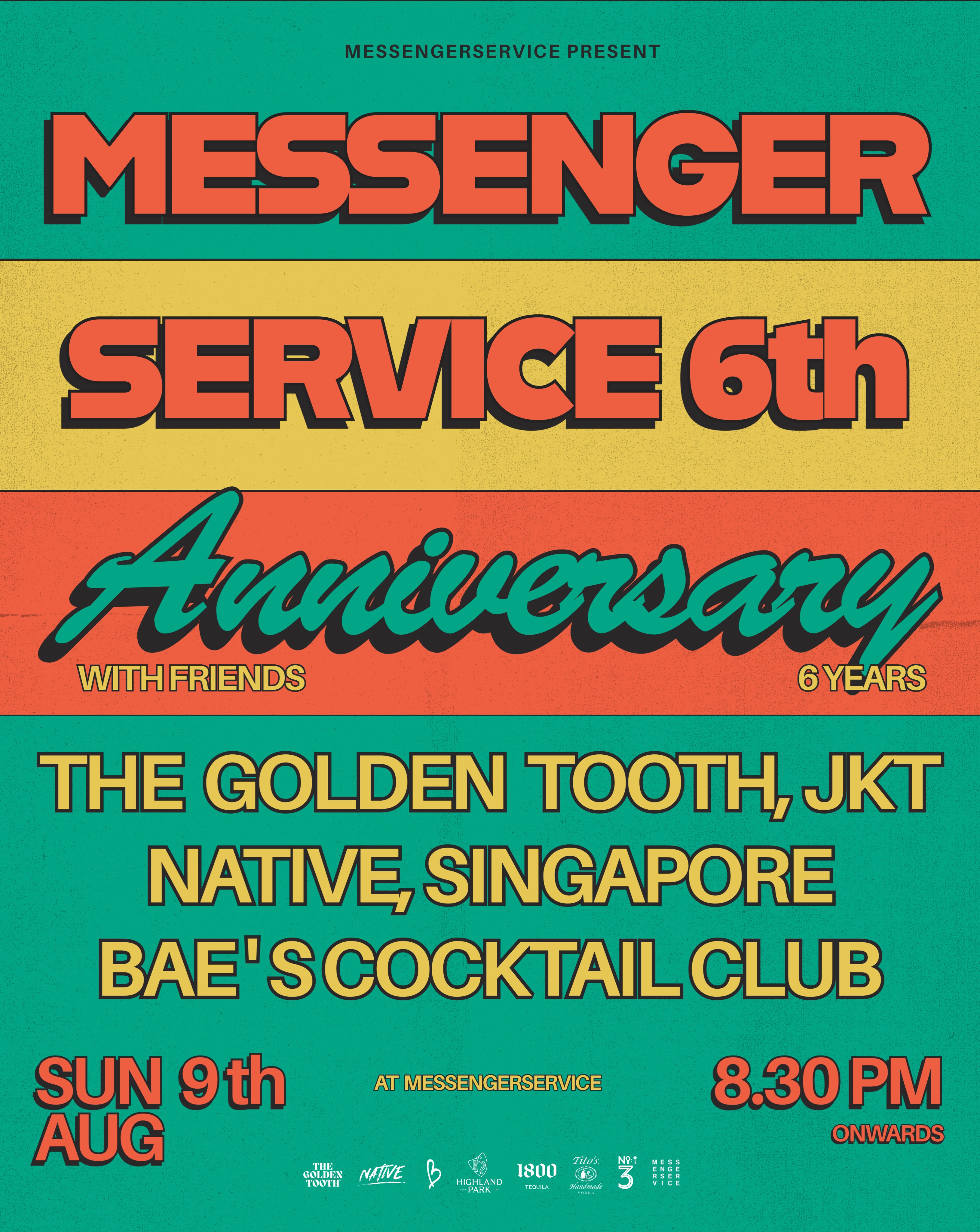 Messengerservice 6th Years Anniversary! 🍾
Six years already and it still feels a little unreal.
From a small neighborhood bar that opened its doors on 8 August 2020 to the home we’ve built together at Baan Trok Tua Ngork, the address has changed, the space has grown, but one thing has always stayed the same.
The people, The team who shows up with heart.
The friends who have supported us from day one.
The guests who turned this place into home.
We couldn’t think of a better way to celebrate than sharing the bar with friends we truly admire.
Joining us for one night only:
🍸 The Golden Tooth, Jakarta
🍸 Native, Singapore
🍸 Bae’s Cocktail Club, Singapore
Sunday, 9 August
From 8:30 PM onwards
Come by, have a drink, say hello, and celebrate 6th years of friendship, hospitality, and all the memories we’ve made together.
You’ll also be among the first to see our refreshed home.
Can't wait to welcome you back. ❤️