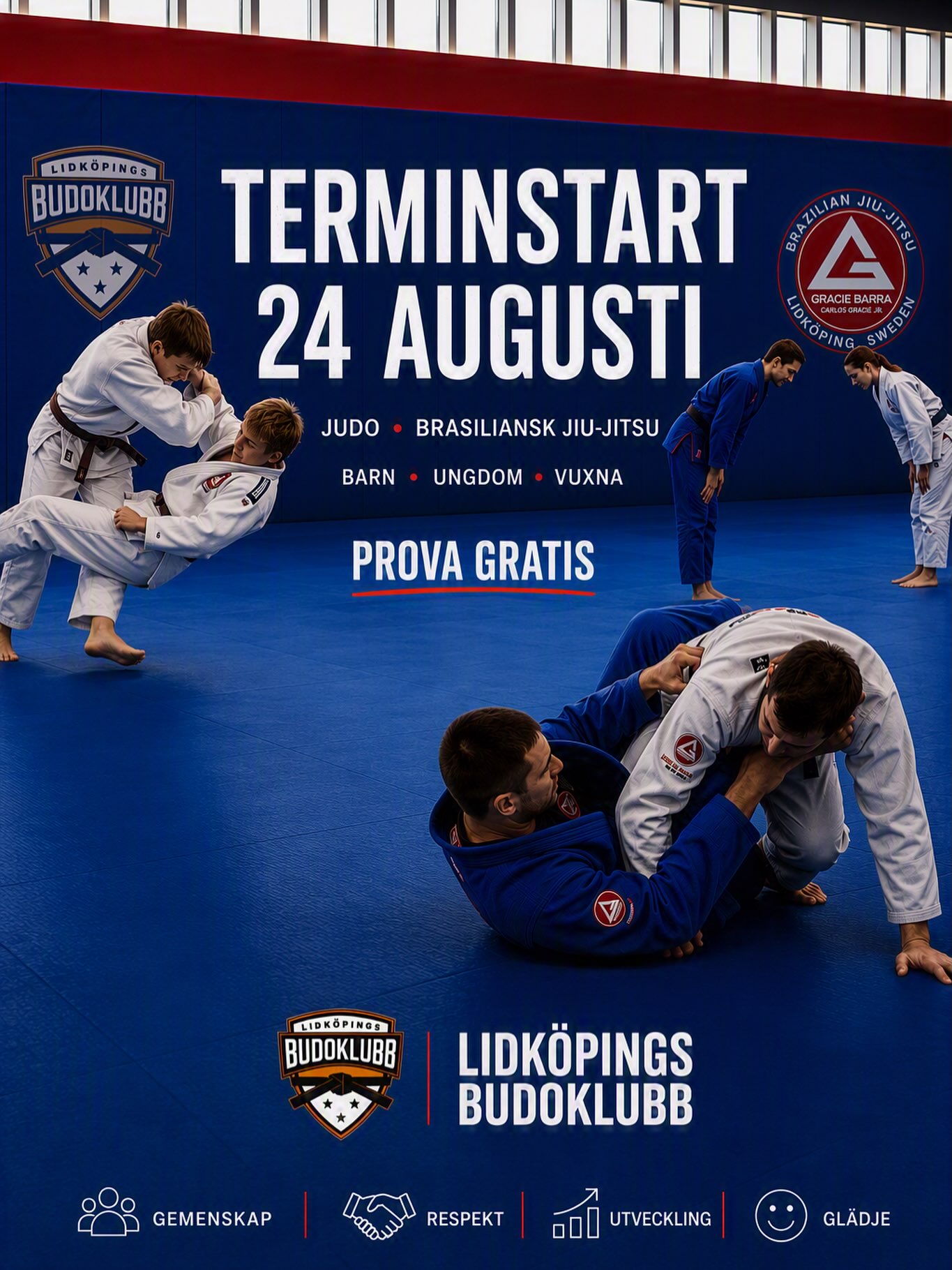 Välkommen till höstens träning hos Lidköpings Budoklubb! 🙂
Från och med 24 augusti startar våra grupper i judo och brasiliansk jiu-jitsu.
Oavsett om du aldrig satt foten på en matta tidigare eller om du redan tränat i flera år är du varmt välkommen till vår gemenskap. Här utvecklas vi tillsammans, har roligt och hjälper varandra att nå nya mål.
📅 Se vårt schema
✅ Prova något nytt
✅ Träna i en positiv miljö
✅ Hitta en sport som utmanar och inspirerar
Vi ses på mattan!
Anmäl dig på vår hemsida, länk i bio!