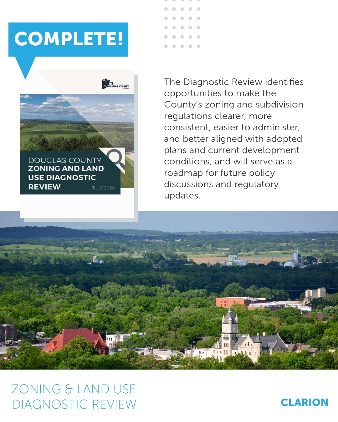 Congratulations to Douglas County, Kansas, on completing its Zoning and Land Use Diagnostic Review! Developed with Clarion, the Review identifies opportunities to make the County’s zoning and subdivision regulations clearer, more consistent, easier to administer, and better aligned with adopted plans and current development conditions. It will serve as a roadmap for future policy discussions and regulatory updates. The recommendations respond to Douglas County’s distinct rural and urban-fringe context, including the need to preserve agricultural and environmentally sensitive lands, clarify expectations for development near incorporated municipalities, better coordinate annexation and infrastructure planning, and account for the County’s unique shared planning and subdivision framework with the City of Lawrence.
Thank you to staff, elected and appointed officials, agency partners, and stakeholders for their time, insight, and collaboration throughout the process.
#cityplanning #countyplanning #development #landuse