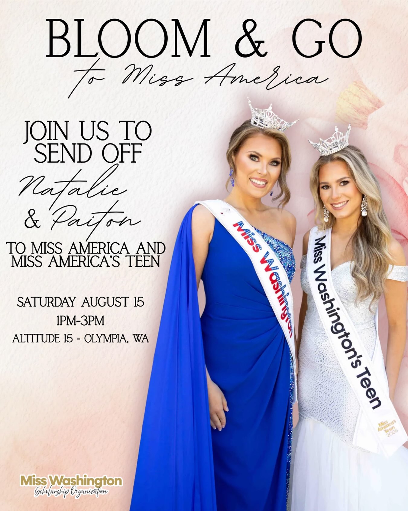 🌸SEND OFF TICKETS ARE LIVE!!🌸
Join us Saturday, August 15th to send Natalie and Paiton off to Miss America and Miss America’s Teen!
The Afternoon will include
🌸National Wardrobe Reveal
🌸Talent Performances
🌸 Special Presentations
It’s an afternoon you won’t want to miss!
Link here & in our Link tree(in bio): https://misswashington.ticketspice.com/send-off-2026