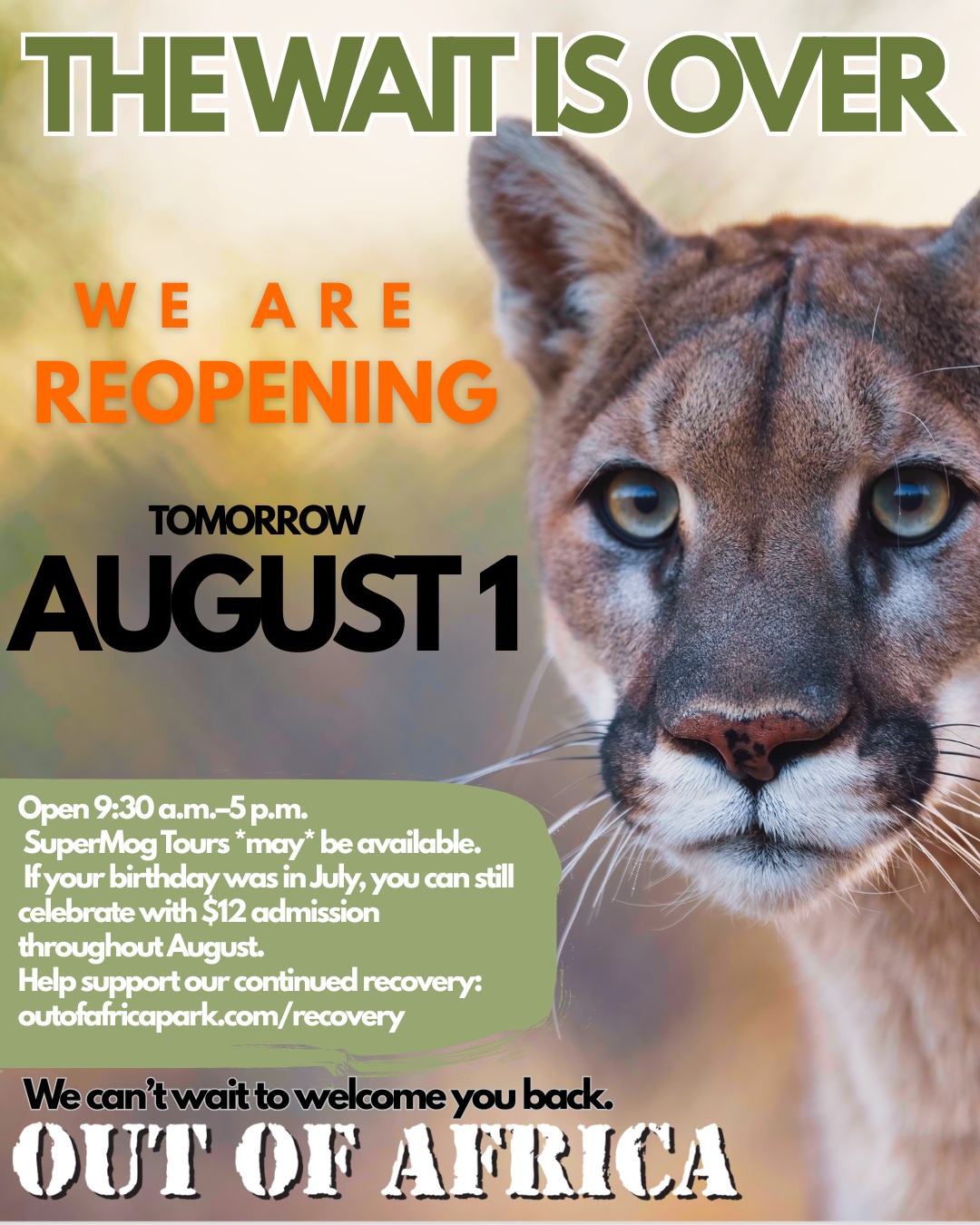 Tomorrow, we open the gates again.
Out of Africa Wildlife Park will reopen August 1 from 9:30 a.m.–5 p.m.
Our animals are safe, our team is ready, and we would love to welcome you back. Some experiences may be limited or unavailable as recovery continues. Please forgive our mess.
Missed celebrating a July birthday with us? Come celebrate in August—we’ll honor your $12 birthday admission.
Reopening does not mean recovered. You can help by visiting, sharing our story or donating at outofafricapark.com/recovery.
We’ll see you tomorrow, and we've missed you.
#OutOfAfricaWildlifePark #outofafricarecovery #ArizonaWithKids #ArizonaFamilyFun #VisitArizona #verdevalleyaz #CampVerde #sedona #outofafricawildlifeparkandsanctuary