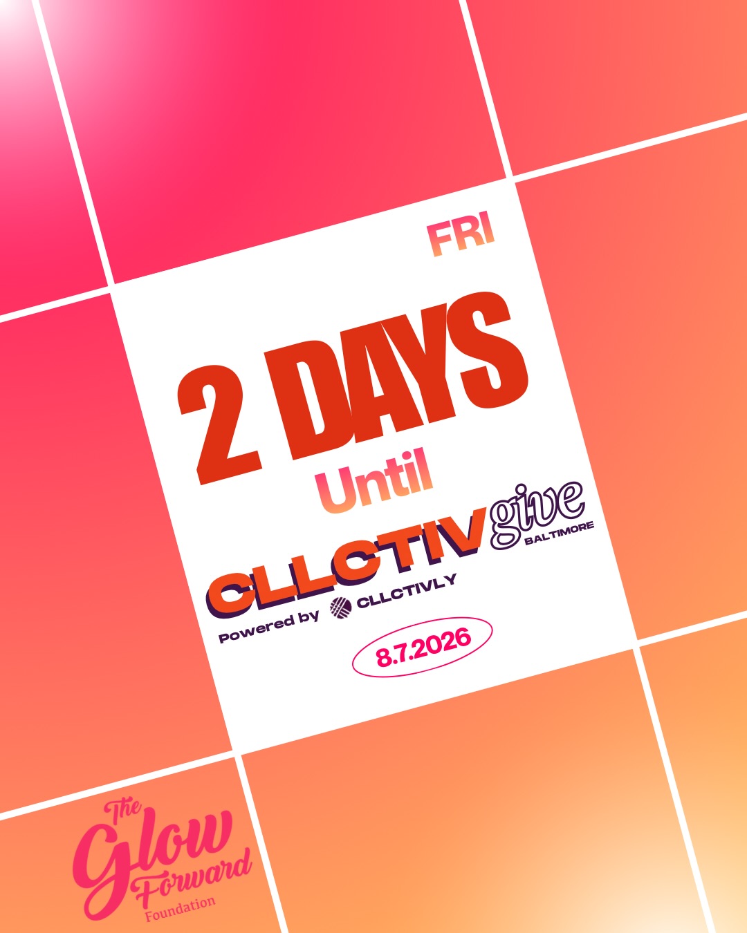 ✨ We’re just 2 days away from one of the biggest fundraising events of the year—CLLCTIVGIVE! 💜
Every gift, every share, and every fundraiser helps us empower young and single moms with the education, career support, mentorship, and community they deserve.
👉🏽 Swipe to see all the ways you can support and be part of this incredible day of giving.
Together, we’re building brighter futures—one mom, one family, one opportunity at a time. 💫
#CLLCTIVGIVE #TheGlowForwardFoundation
✨ 2 days to go! ✨
We’re just 2 days away from CLLCTIVGIVE 2026, a 24-hour day of giving that helps fuel life-changing opportunities for black-led organizations and the communities they serve in Baltimore💖
This week, you can support The Glow Forward Foundation by:
🩷 Becoming a fundraiser
💖 Making a donation on August 7
🩷 Sharing our campaign with your friends, family, and coworkers
Every dollar, every share, and every supporter brings us one step closer to our $25,000 goal—helping provide scholarships, mentorship, career development, and a village of support for young and single moms.🌟
#CLLCTIVGIVE #TheGlowForwardFoundation