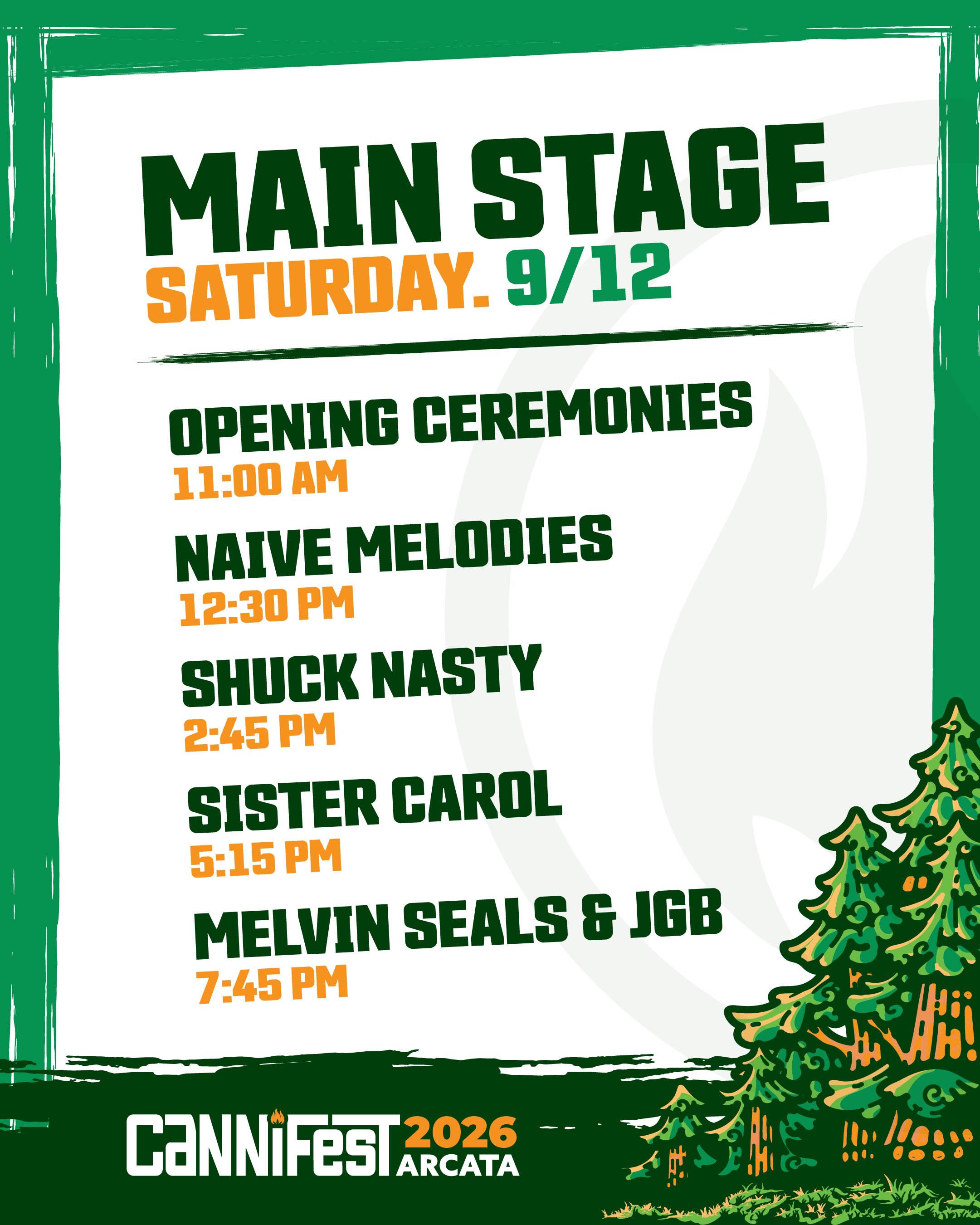 🚨 The Cannifest 2026 music schedule is here! The official set times have dropped 🚨
Join us September 12th & 13th at the Arcata Ballpark for a full weekend of live music across two stages — the Main Stage and the Unity Stage.
🎟️ Single-day tickets are now on sale, Saturday: $70 & Sunday: $40 🔗 get yours now.
Grab your tickets, rally your crew, and get ready for an unforgettable weekend celebrating music, community, and all things green. See you at Cannifest! 🌿✨