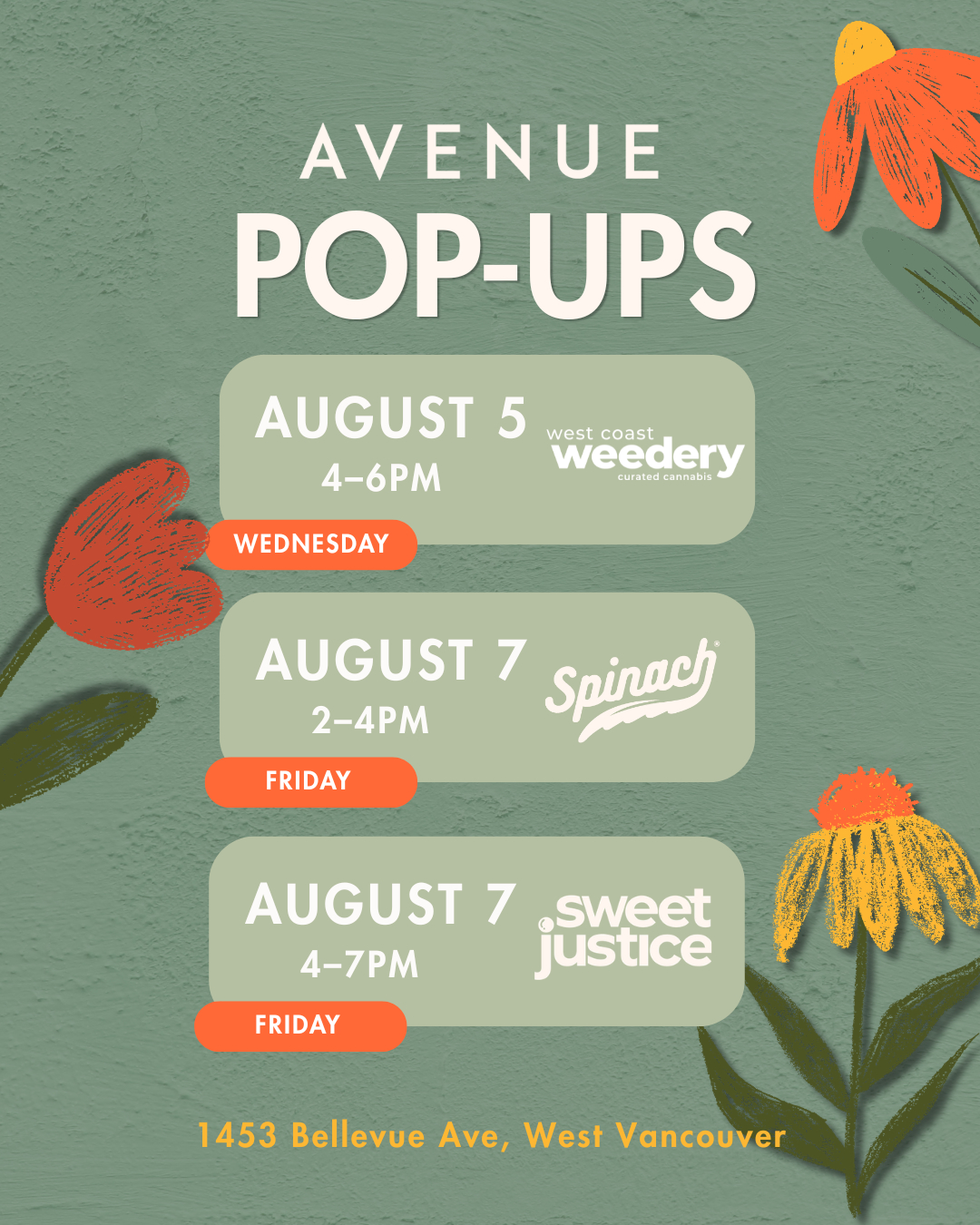 This week, drop by Avenue to meet the people behind two of our favourite brands!
West Coast pops up Wednesday, August 5 from 4–6 pm, and Spinach follows Friday, August 7 from 4–6 pm.
Don't miss the chance to meet the makers and discover your new favourite products!
19+ | Educational Purposes Only