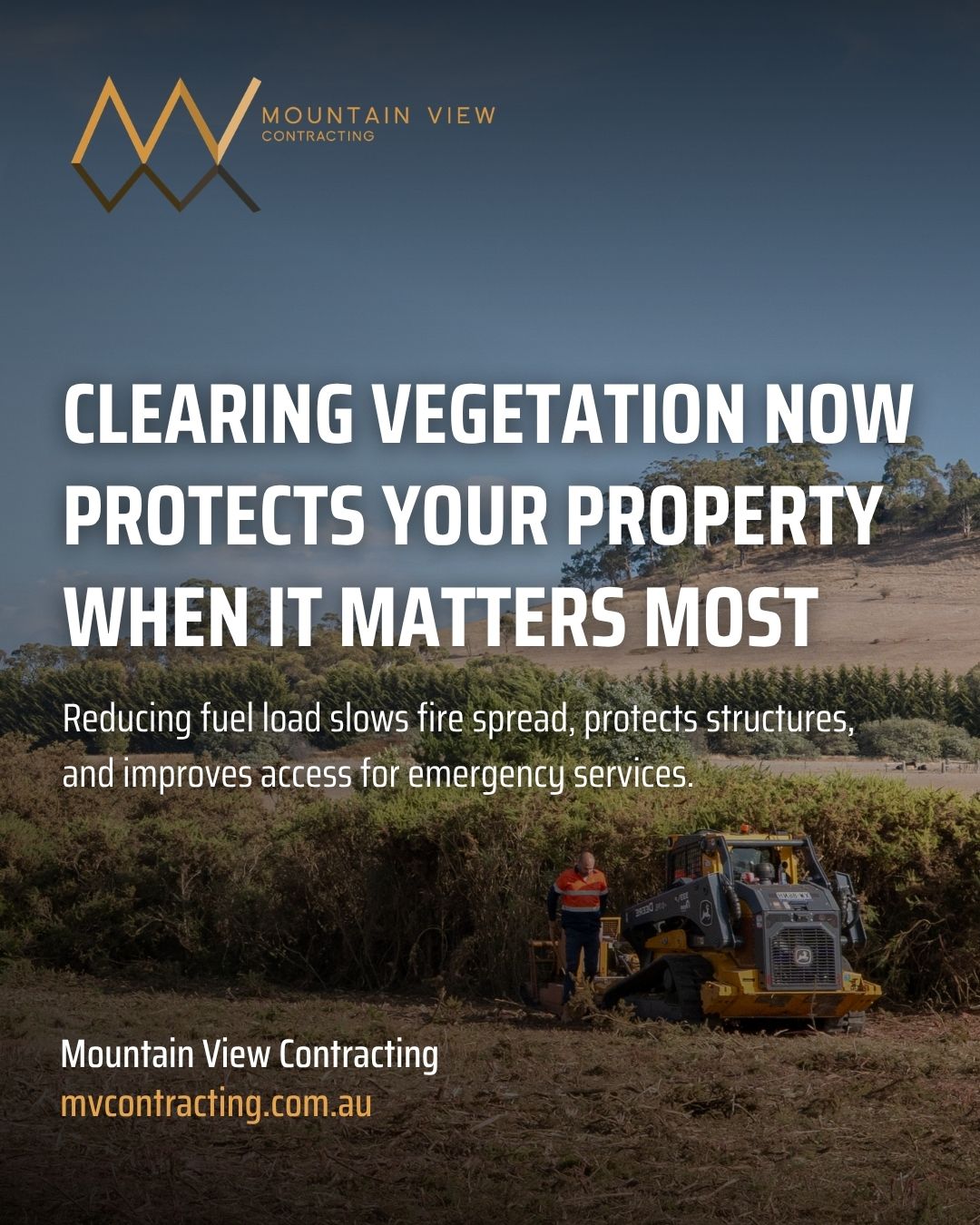 Fuel reduction work on rural properties does more than reduce fire risk in isolation. Cleared fence lines and access tracks give emergency services a route onto a property when conditions deteriorate rapidly. Lower fuel loads on paddock edges and scrub corridors slow the rate at which fire can travel across a block, which directly affects the options available to protect structures and livestock. The difference between a property that has been systematically managed and one that hasn't is measurable in the time available to respond.
Mulching is one of the most effective clearing methods for this purpose because it processes dense vegetation on site rather than leaving dry slash, which is itself a fire hazard. The mulched material breaks down into the soil over time, which also benefits pasture and ground cover recovery after the season. For landowners across the Macedon Ranges, Hepburn Shire, Mount Alexander Shire, and surrounding regions, the upcoming season is a strong reason to treat clearing work as a priority rather than a deferred task.
To discuss a clearing programme for your property, get in touch via our website or call 0418 105 658.
#mountainviewcontracting #mvcontracting #fuelreduction #firepreparation #macedonranges