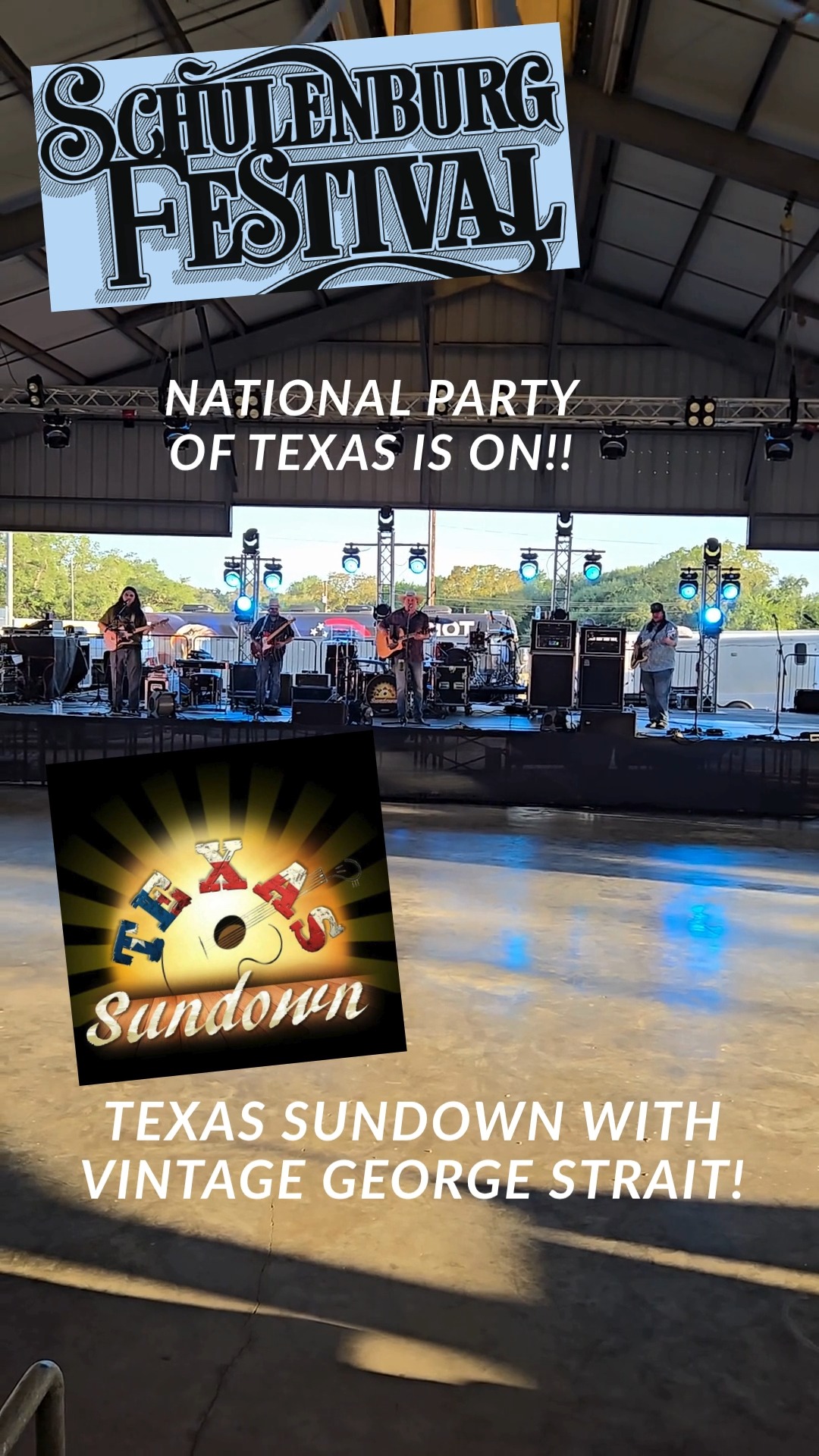 Are you here yet??
Texas Sundown Band is kicking things off in style...here they are with some vintage George...come get "Unwound" with us tonight.
Breeze is blowing, big fans under the Pavilion, beautiful night here in Schulenburg!!
@texassundownband
