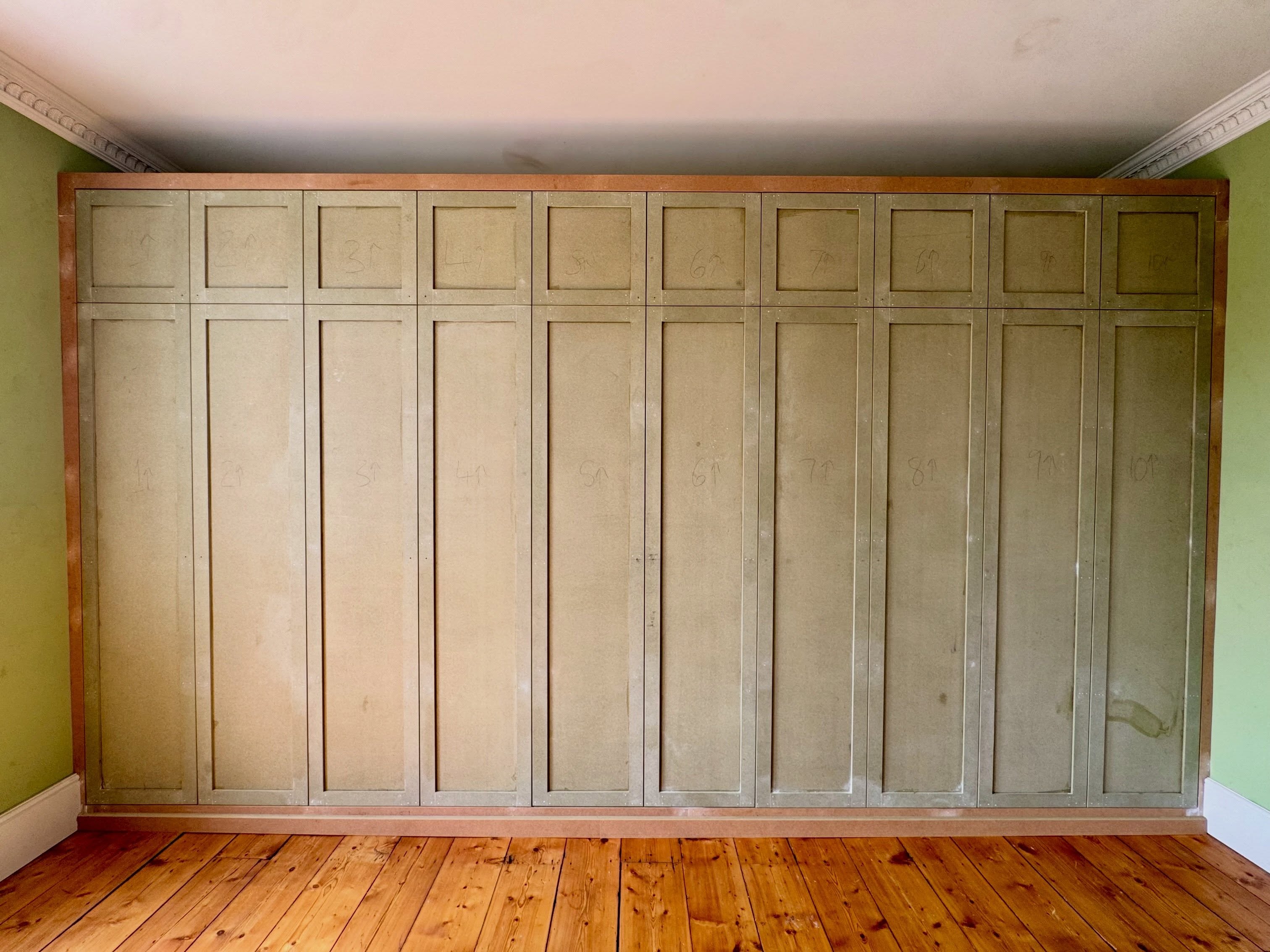 Pretty pleased with this one, a huge 10/20 door wardrobe with so much storage, built for some really awesome people in Bath. A mix of hanging space, adjustable shelves and a nice simple drawer unit in the centre. Nice simple and elegant shaker style doors. Built using @meditemdf plus for the internals so there's no need to paint them, can't wait to see the doors and face frames all painted up and looking lovely. Happy days #carpentry #wardrobe #bathuk #bespoke #joinery