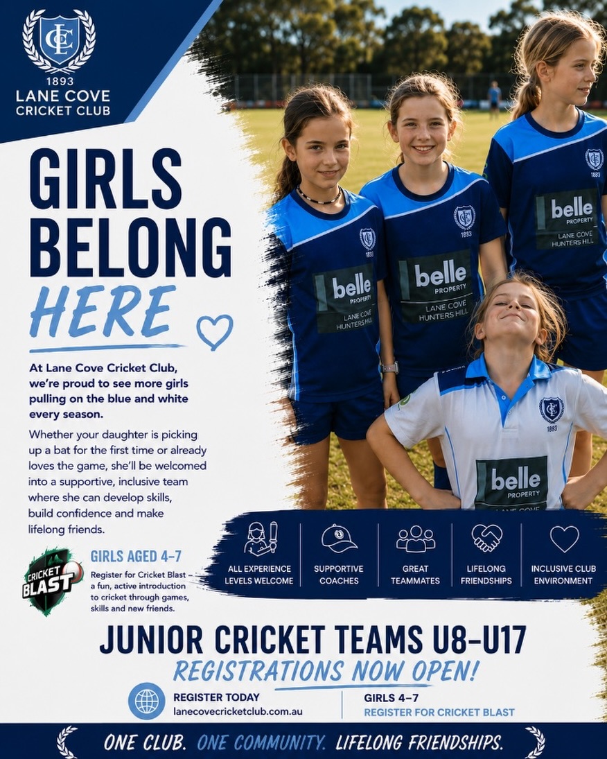 At Lane Cove Cricket Club, we’re proud to see more girls pulling on the blue and white every season.
Whether your daughter is picking up a bat for the first time or already loves the game, she’ll be welcomed into a supportive, inclusive team where she can develop skills, build confidence and make lifelong friends.
Girls can start their cricket journey in Cricket Blast (ages 4–7), before progressing into our junior girls’ teams from U9 through to U17.