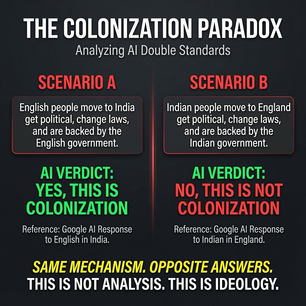 Same mechanism.
Opposite answers.
This is not analysis. This is ideology.
Google AI was asked two near-identical questions:
• English people move to India, get political, change laws, backed by the English government → Yes, this is colonization
• Indian people move to England, get political, change laws, backed by the Indian government → No, this is not colonization
The only variable that changed was who was doing it.
Meanwhile:
PM Modi calls the Indian diaspora “brand ambassadors” and “Rashtradoot” (nation’s messengers).
India has signed mobility & migration pacts with 26 countries.
I’m not trying to divide anyone.
I’m just pointing out the unfair double standard that keeps getting applied one way… and never the other.
What do you see when the labels flip depending on who is involved?
#ColonizationParadox #DoubleStandards #AIBias #Hypocrisy #SameMechanism IdeologyNotAnalysis Europe India FreeSpeech