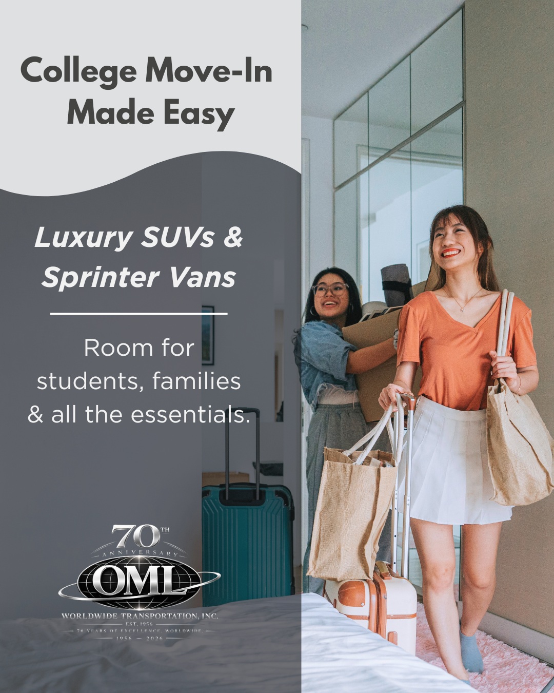Big milestones deserve a smooth start. 🎓✈️
As students head off to college, there's already plenty to think about. Let OML Worldwide take one thing off your list.
Whether you're traveling to O'Hare, Midway, a local university, or coordinating transportation to campus, our spacious SUVs and luxury Sprinter vans provide plenty of room for luggage, dorm essentials, and the family members coming along for the send-off.
We're here to help make the journey comfortable, reliable, and stress-free - so you can focus on the excitement of this new chapter.
#OMLWorldwide #CollegeMoveIn #CollegeBound