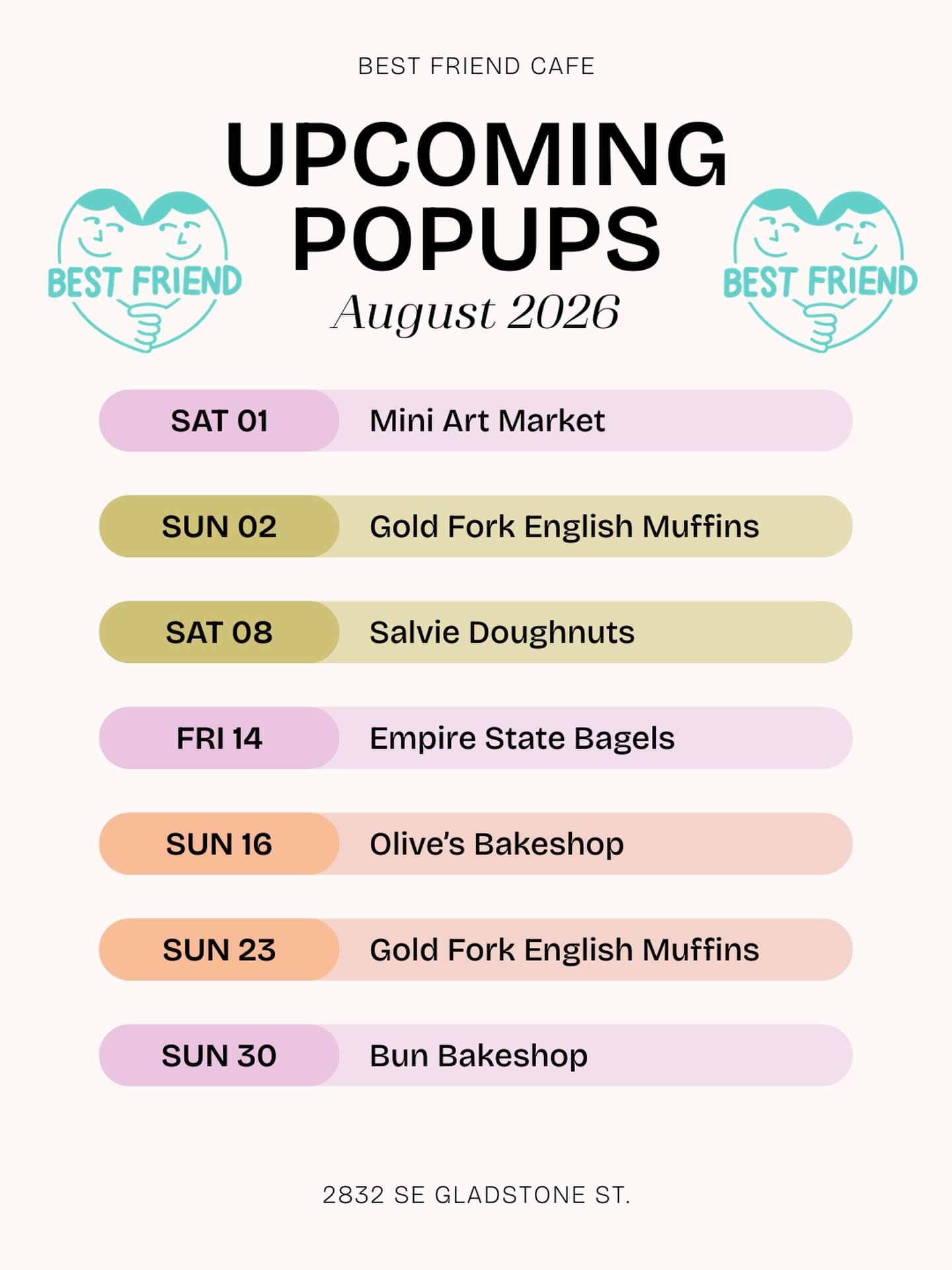 It’s an exciting time! Lots of pop-ups happening at our Gladstone location! We love showcasing lots of lovely PDX businesses, come on out and support small this month!
@goldforkbakingco
@salviedonuts
@empirestatebagels
@olivespdx
@bun_bakeshop