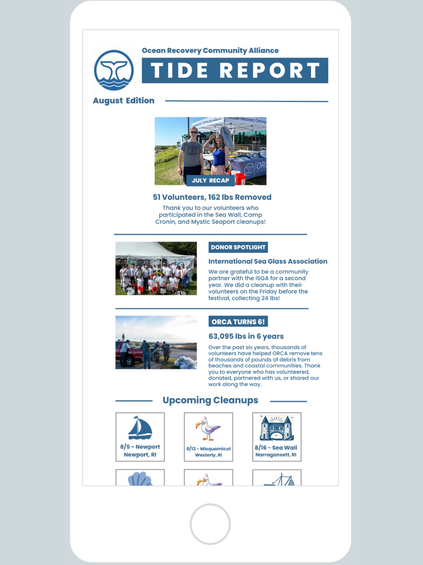 August Tide Report. Check your inbox or sign up at oceanrecoverycommunityalliance.org