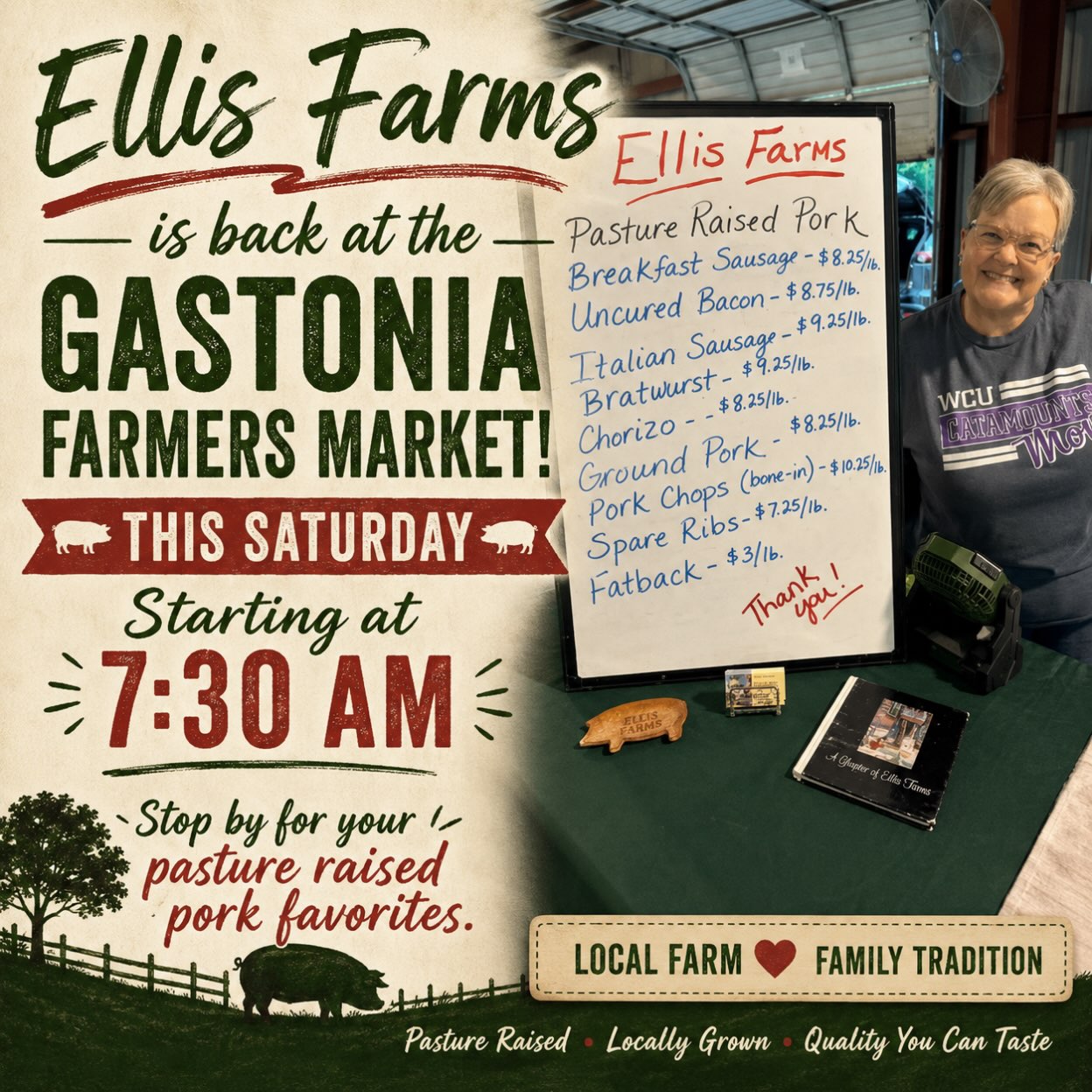 We hope to see you bright and early this Saturday at the Gastonia Farmers Market! 🐖 #pastureraisedpork #supportlocalfarms @gastoniafarmersmarket