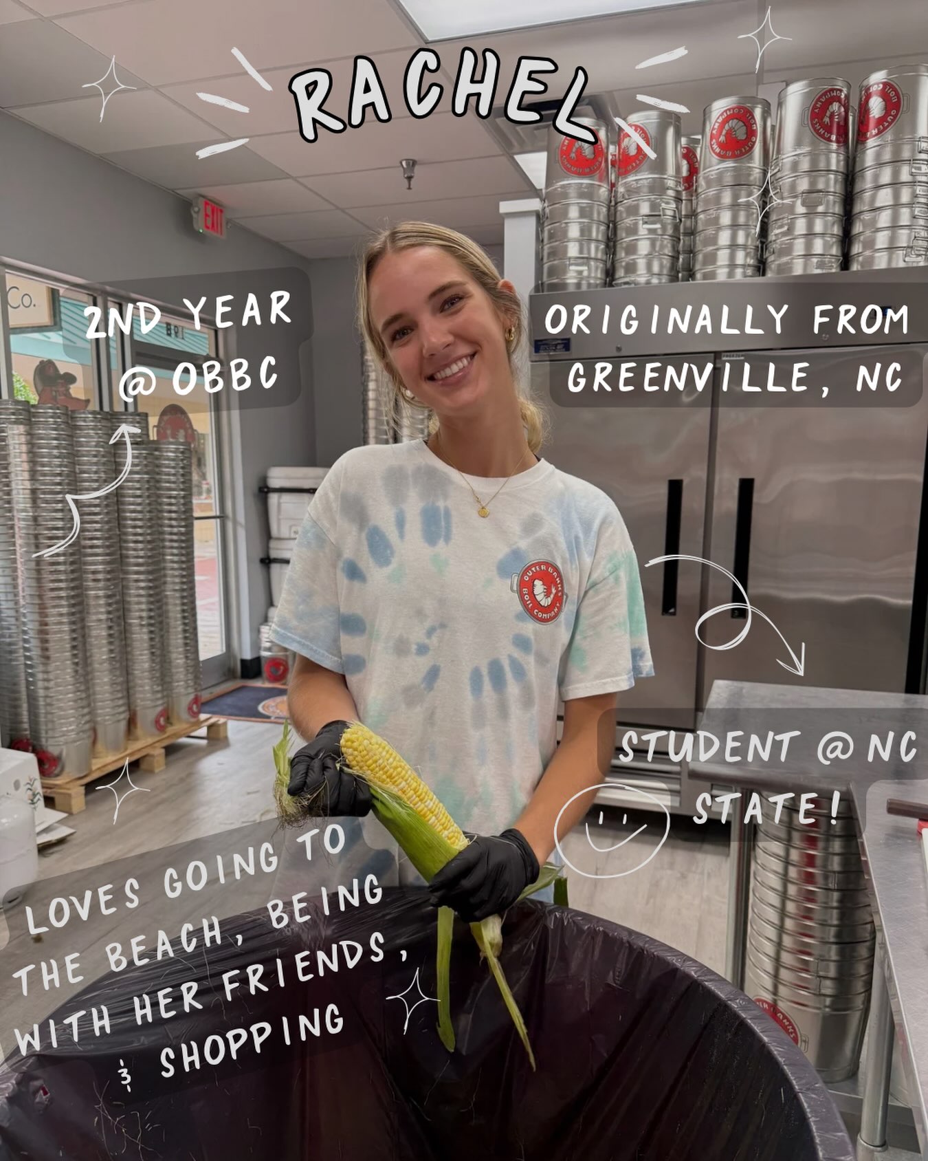 Meet Rachel — our shop girl extraordinaire! ✨
Rachel has been part of the OBBC crew for the past 2 years, and if you’ve ever wondered how a catering gets prepped so fast… it’s probably because Rachel was behind it. Seriously, no one does it quicker.
When she’s not at the shop, you’ll find her at the beach, hanging out with friends, or convincing herself she only needs “one thing” from TJ Maxx.
A student at NC State, Rachel’s favorite part of working at OBBC is, in her words, “Wilson, Jess, and Baker… Wilson is the best boss ever.” (We definitely didn’t pay her to say that. 😉)
Today is Rachel’s last day with us, and while we’re going to miss her, we couldn’t be more thankful for everything she’s done for our team over the last two years. ❤️