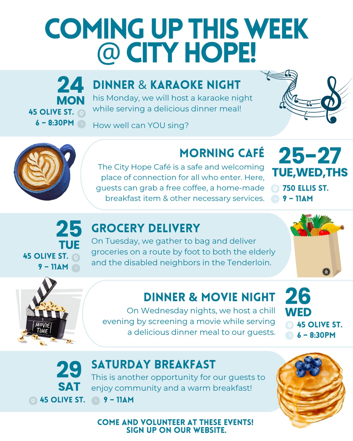 So much happening at City Hope! What are you coming to this week?
#VolunteerSF #CityHopeSF #CommunityService #TenderloinSF