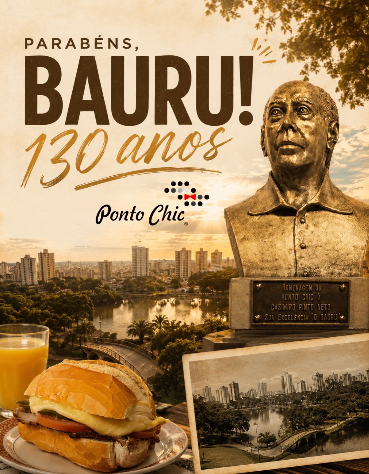 Parabéns, Bauru! 130 Anos de História e Sabor 🎈🎂
Hoje completa 130 anos de uma trajetória brilhante! É dia de celebrar cada rua, cada conquista e, claro, o legado que colocou o nome da cidade no paladar de todo o Brasil.
Foi através da criatividade do bauruense Casimiro Pinto Neto que o lanche mais famoso do país ganhou vida nas mesas do Ponto Chic. Um mestre que transformou ingredientes simples em um patrimônio cultural e gastronômico que atravessa gerações.
Neste aniversário de 130 anos, homenageamos o passado de pioneirismo e o futuro repleto de potencial desta terra acolhedora. Bauru não é apenas um ponto no mapa; é o ponto de encontro da história com o sabor.
Parabéns, Bauru! 130 anos de muito orgulho! 💛✨
#Bauru130Anos #AniversarioDeBauru #CidadeSemLimites #PontoChic #CasimiroPintoNeto BauruSP HistóriaESabor