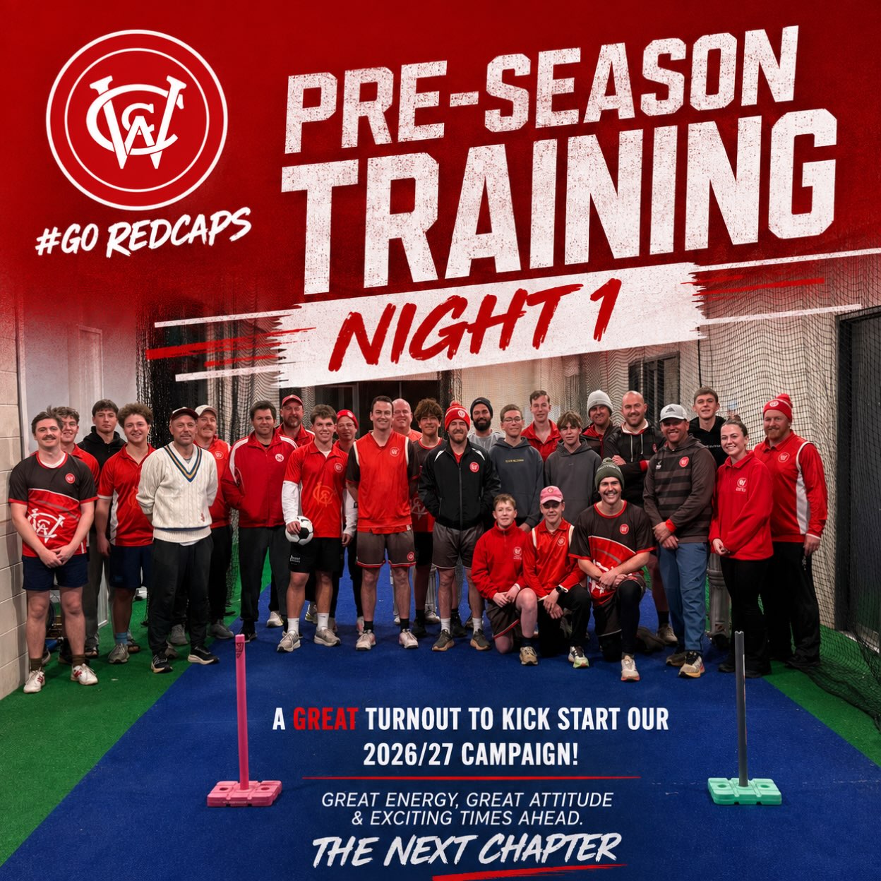 🤍❤️🏏 PRE-SEASON | NIGHT 1 🏏 ❤️🤍
What a way to kick off our pre season.
A fantastic turnout for our first pre-season session with players from across the club coming together to put in the work ahead of the 2026/27 season.
It was great to see a mix of familiar faces, new recruits, returning players and our juniors all training together.
The energy was high, the standards were set early, and it’s clear everyone is excited for what’s ahead.
A big thank you to everyone who made the effort to get down. This is only the beginning.
See you all back at training tonight as we continue building towards Round 1.
❤️🤍 Go Red Caps!
#RedCaps #TheNextChapter #WendoureeCC #PreSeason