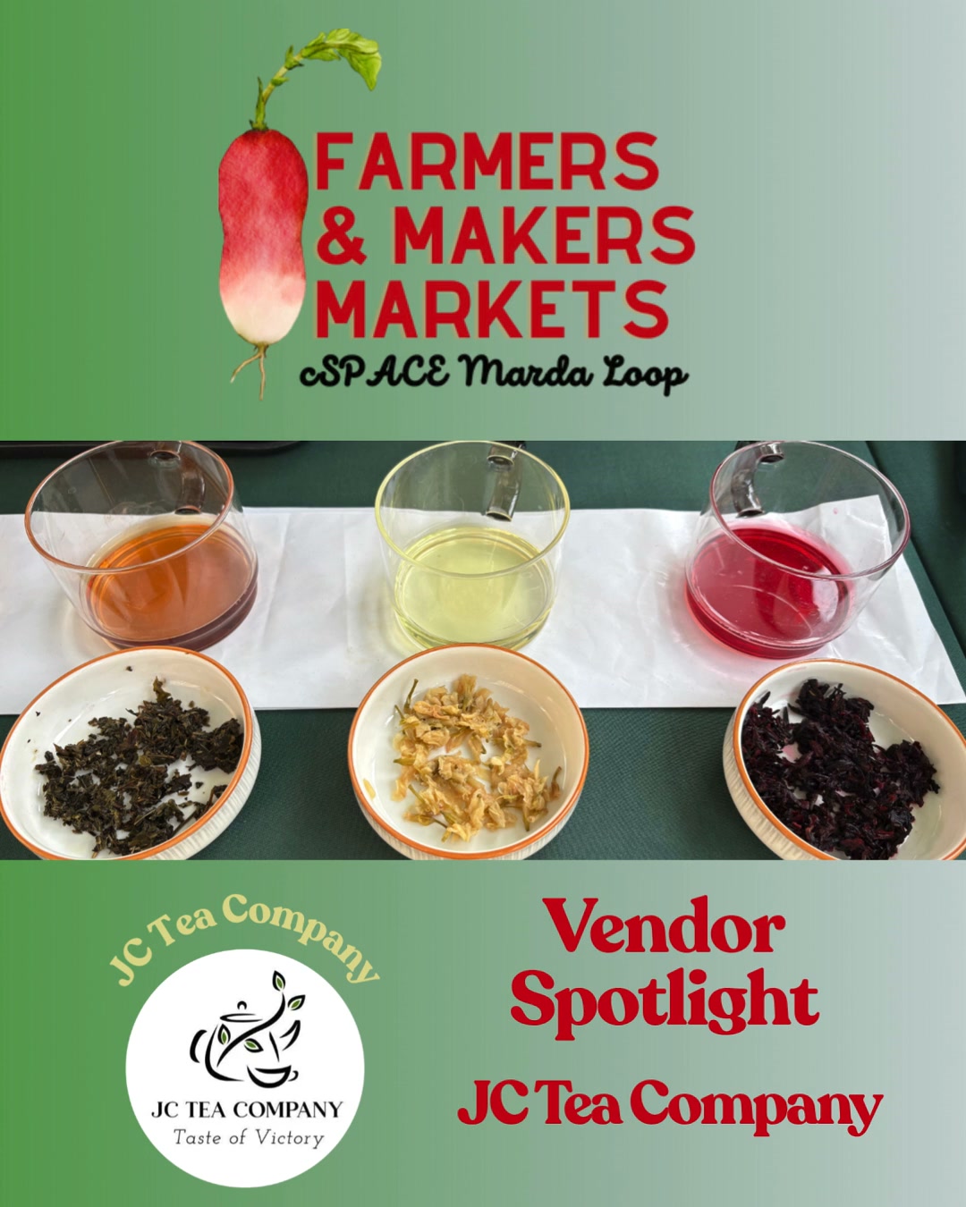 The Farmers and Makers Market is proud to welcome JC Tea as one of our newest partners this season! If you've been to the market before, you know we work hard to feature vendors who do things right — and JC Tea is joining us for the first time, and we couldn't be more excited to have them.
Stop by their booth at the market to find some of the best tea samples and knowledge around! This is exactly the kind of new partnership that makes our market worth showing up for.
A few facts about JC Tea:
• Their tea comes straight from Sri Lanka — home to one of the most famous and beloved teas in the world
• It travels directly from the tea gardens to them, and they distribute it right here.
• Their main goal is simple: bring people the best quality tea possible, packed with as many health benefits as they can offer.
• They're passionate about helping people enhance the way they drink tea to get the most out of every cup.
Come say hi to the JC Tea team and the rest of us at the Farmers and Makers Market every Saturday from 10am to 2pm this summer! @jctea_company
#FarmersAndMakersMarket #ShopLocal #SupportLocal #Calgary #LocalMarket #MakersMarket #TeaLovers #SriLankanTea #AlbertaMade #farmersmakersmarket #NewVendor #TeaTime #yycvendor #yycsmallbusiness #fom #friendofthemarket