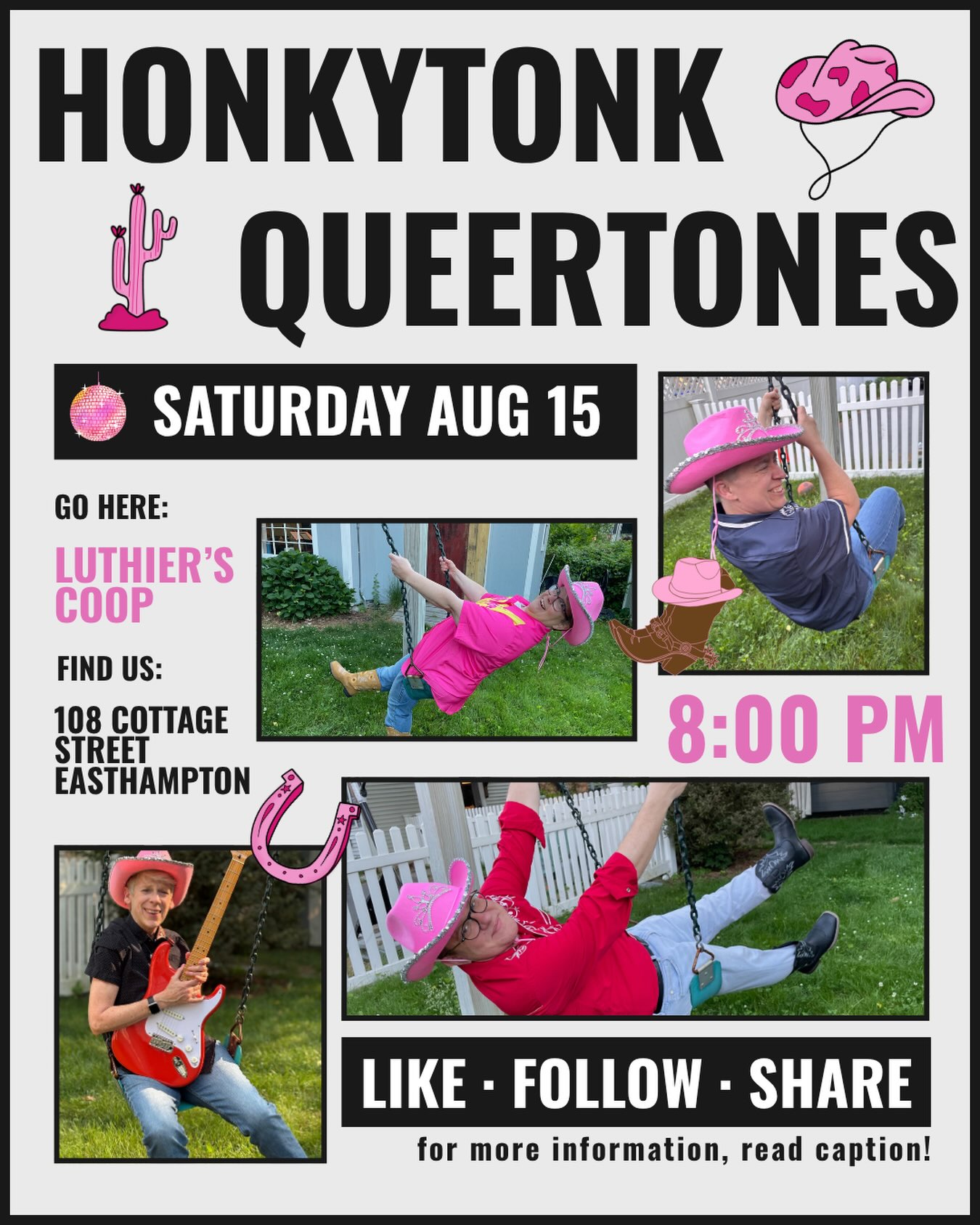 I’m excited to invite you to the upcoming public performance of a new band I’ve been lucky enough to be part of: Honkytonk QueerTones!
We play country music with a twist—classic favorites, joyful harmonies, audience singalongs, and a few songs that we’ve lovingly reimagined through a queer lens. It’s all about having fun, celebrating community, and sharing the music we love.
📅 Saturday, August 15
📍 Luthier’s Co-op, 108 Cottage Street, Easthampton, MA
🕖 8:00 - 9:30 PM
It’s free!
We’ve been working hard all summer, and this will be the first time the four of us perform together. We’d love to fill the room with friends, family, neighbors, and anyone who enjoys a good country tune and a welcoming community.
Come cheer us on, sing along if the mood strikes, and help us kick off this new adventure!
🤠🌈
@luthierscoop @bornmiddleaged @kimbahoff123
#honkytonkqueertones #queerjoy #easthamptonma #westernmassmusic #countrymusic