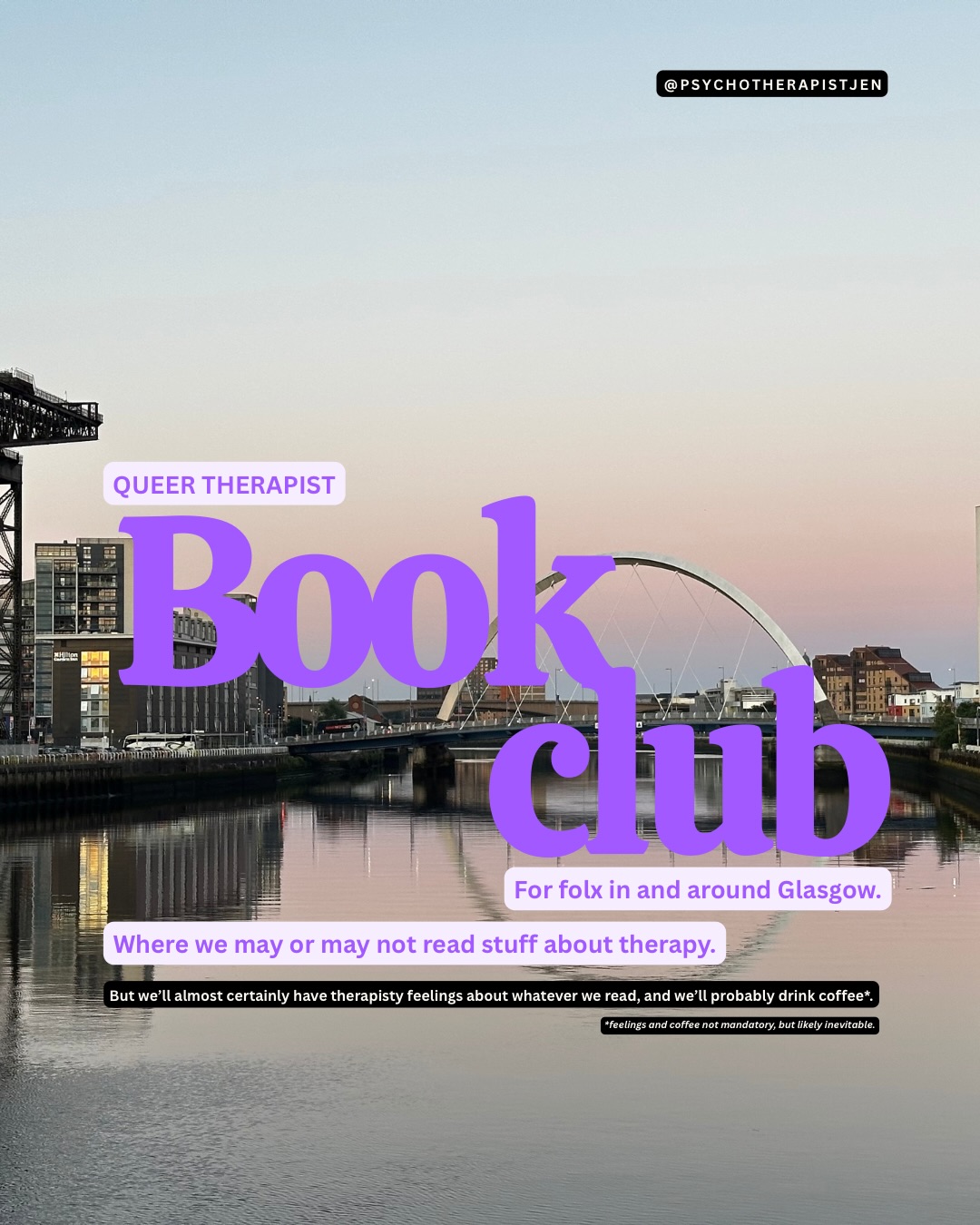 Okay so this is something I’ve been thinking about for a while now. Spaces for queer therapists to meet are generally limited, and ones that are purely social? Non-existent in Glasgow.
Private practice can be lonely, as can being a queer therapist in a majority cis-het-mono staff team, or amidst a majority cis-het-mono training course.
But so many of us spend our time learning and growing our practice (as we should!), and there isn’t so much space for socially connecting as queer-therapists-who-also-happen-to-be-humans.
Hence the new book club. Yes, we may read therapy stuff (or not), but it’s also a little space for social connection with a shared frame of reference of being queer therapists.
I’ll share more details in the coming weeks, but if you’d like to express interest in joining just drop me a DM.
K thnx bye 🙌
#glasgow #therapist #queer